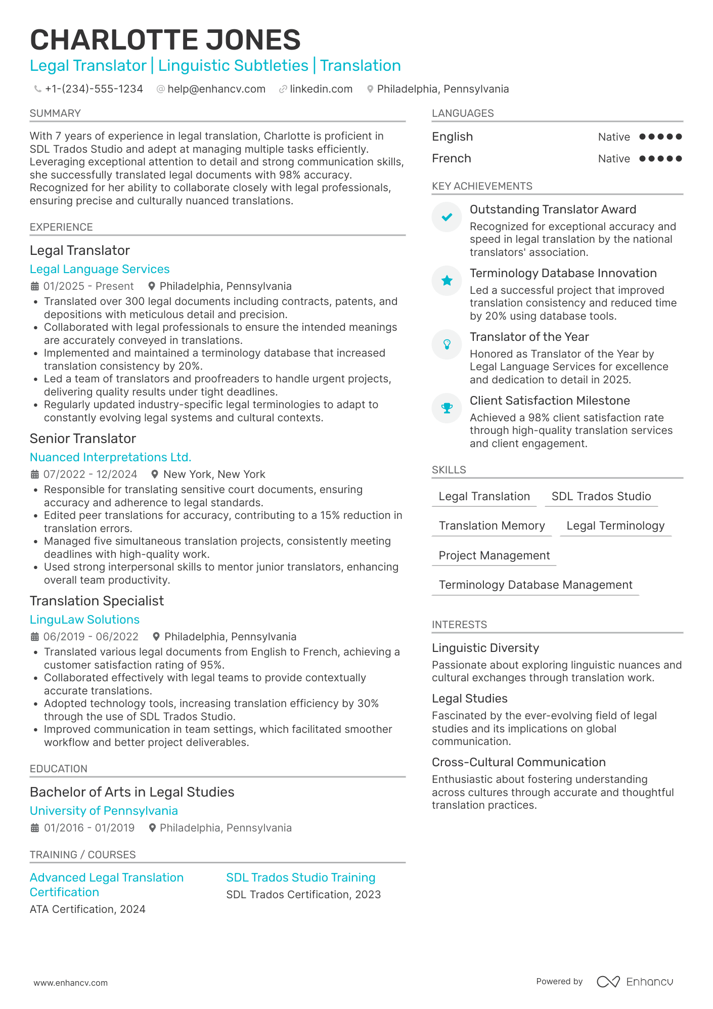 A resume example of a Legal Translator