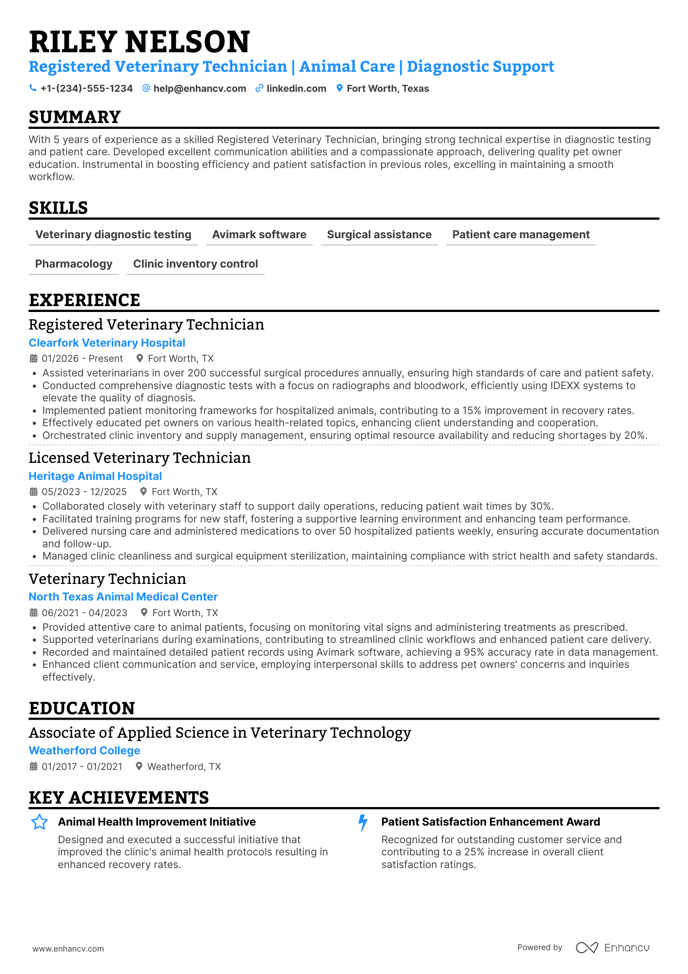 A resume example of a Registered Veterinary Technician