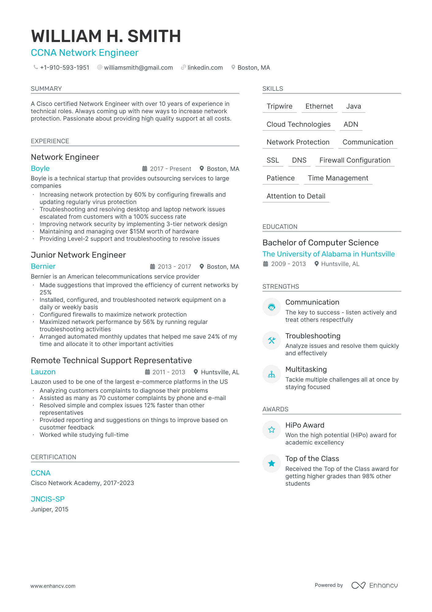 A resume example of a CCNA Network Engineer