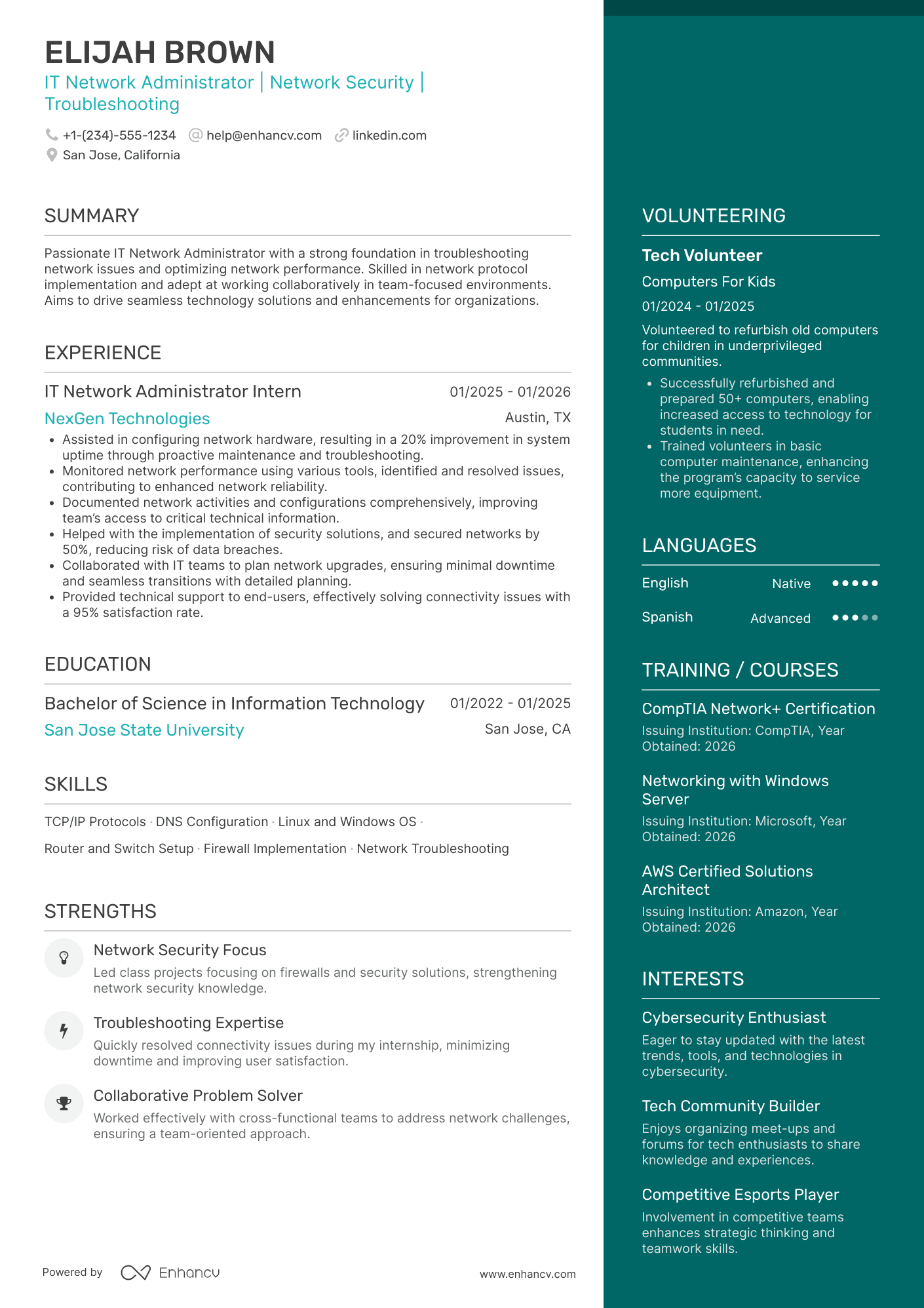 A resume example of a Entry Level IT Network Administrator