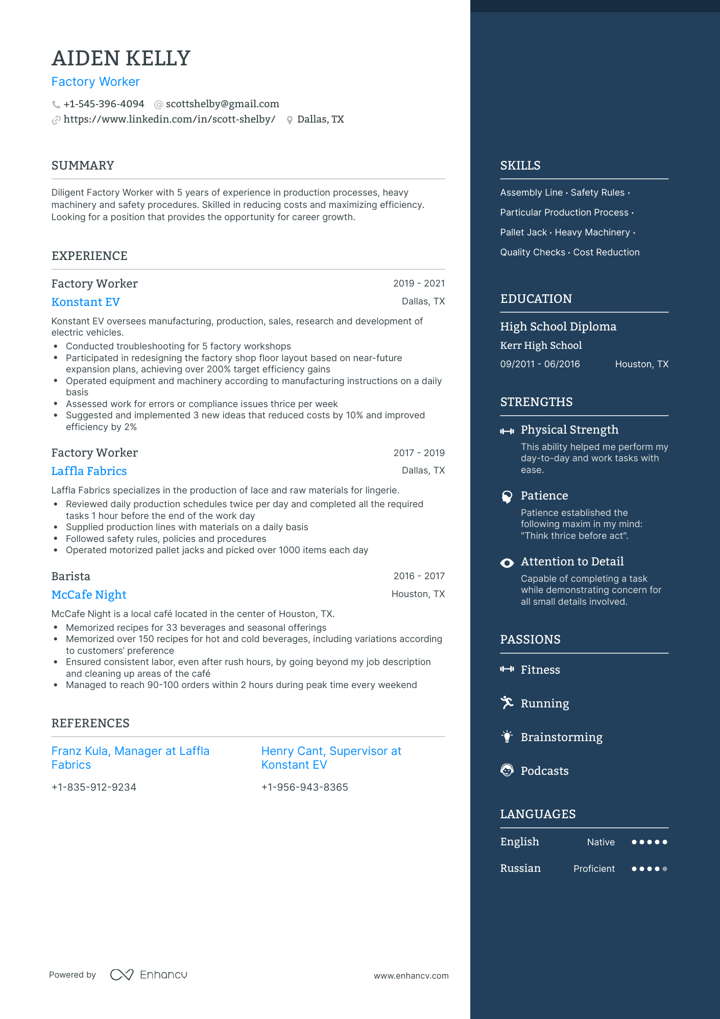 One Page Factory Worker Resume Template