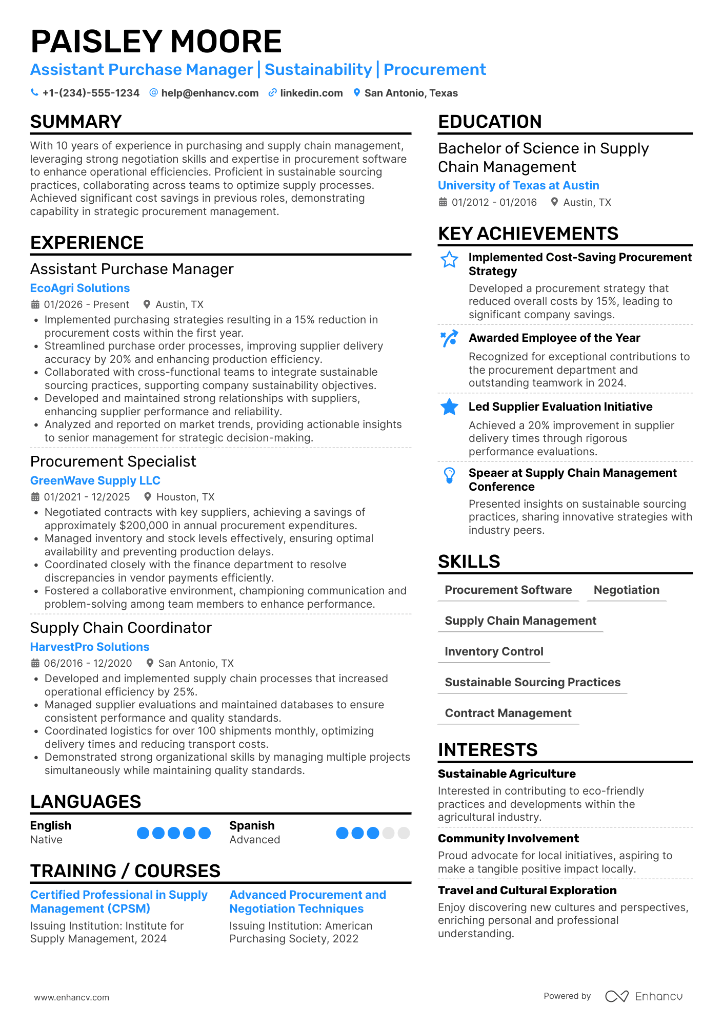 A resume example of a Assistant Purchase Manager