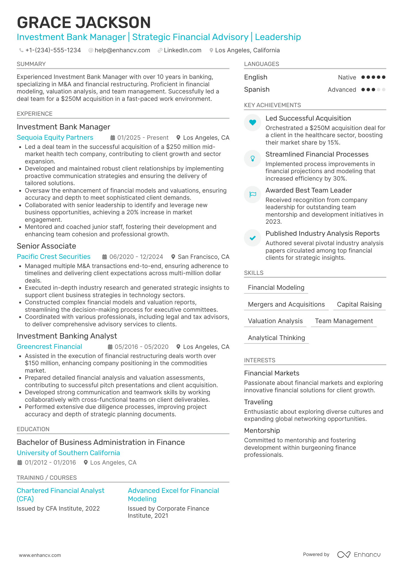 A resume example of a Investment Bank Manager