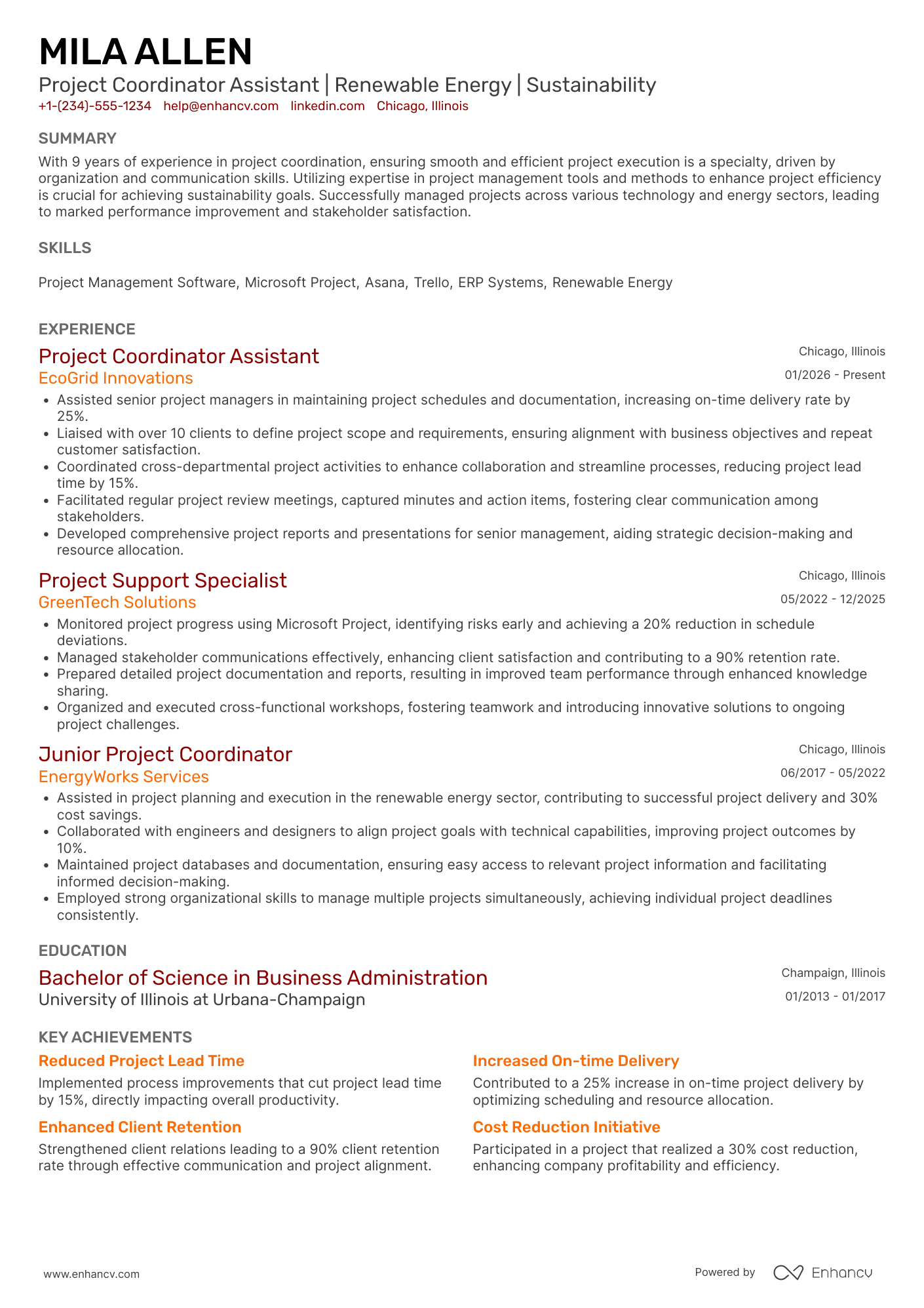A resume example of a Project Coordinator Assistant