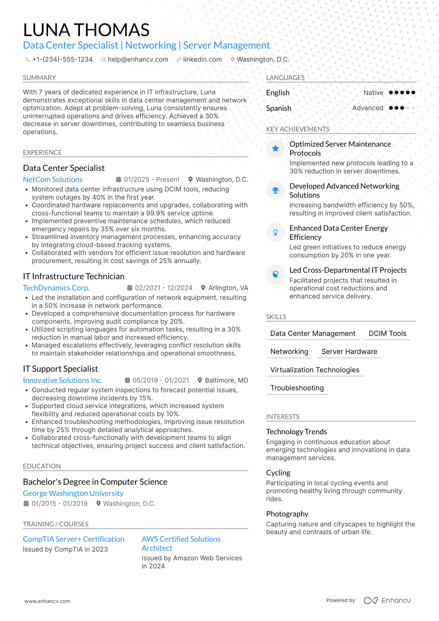 A resume example of a Data Center Operations Technician