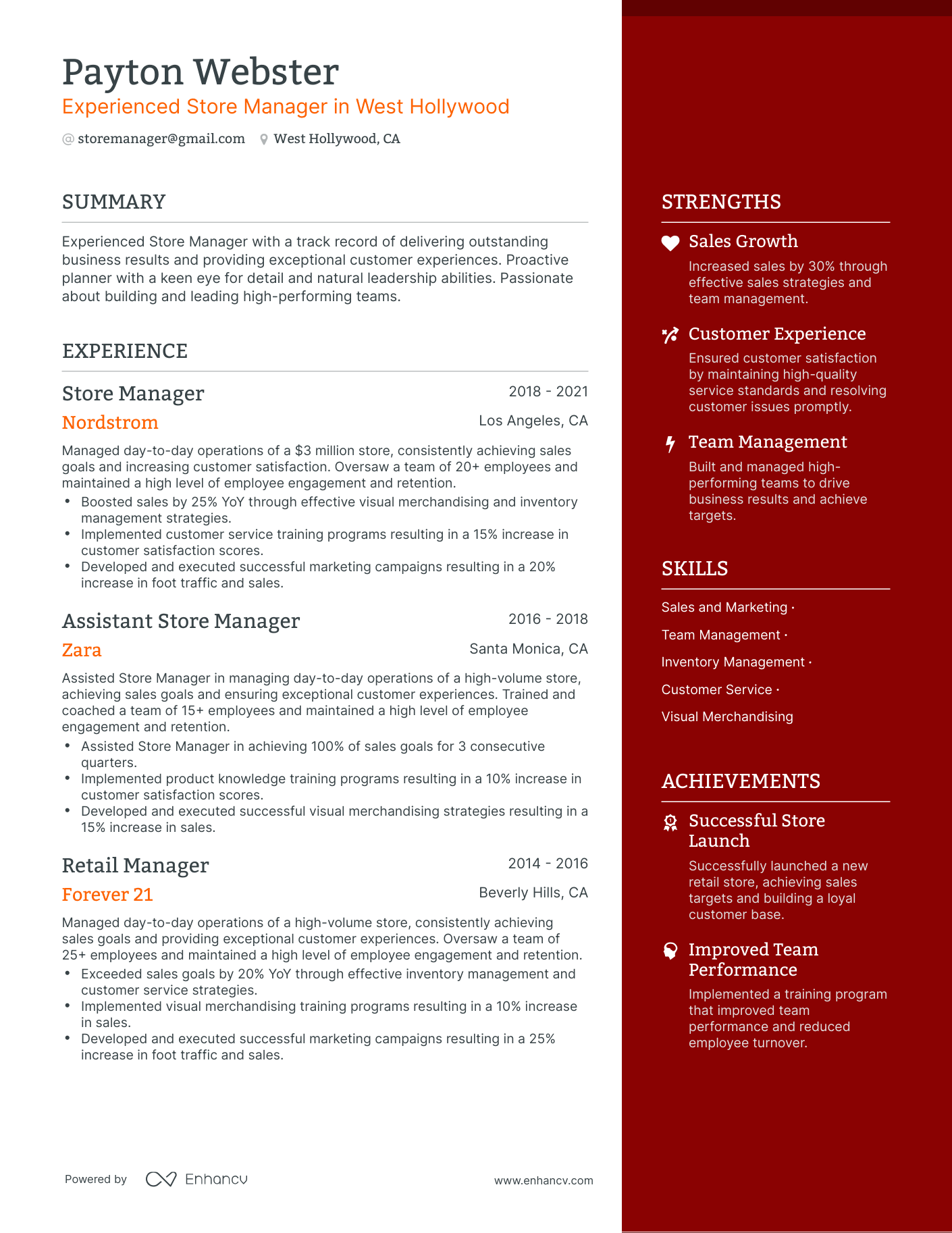 One Page Store Manager Retail Resume Template
