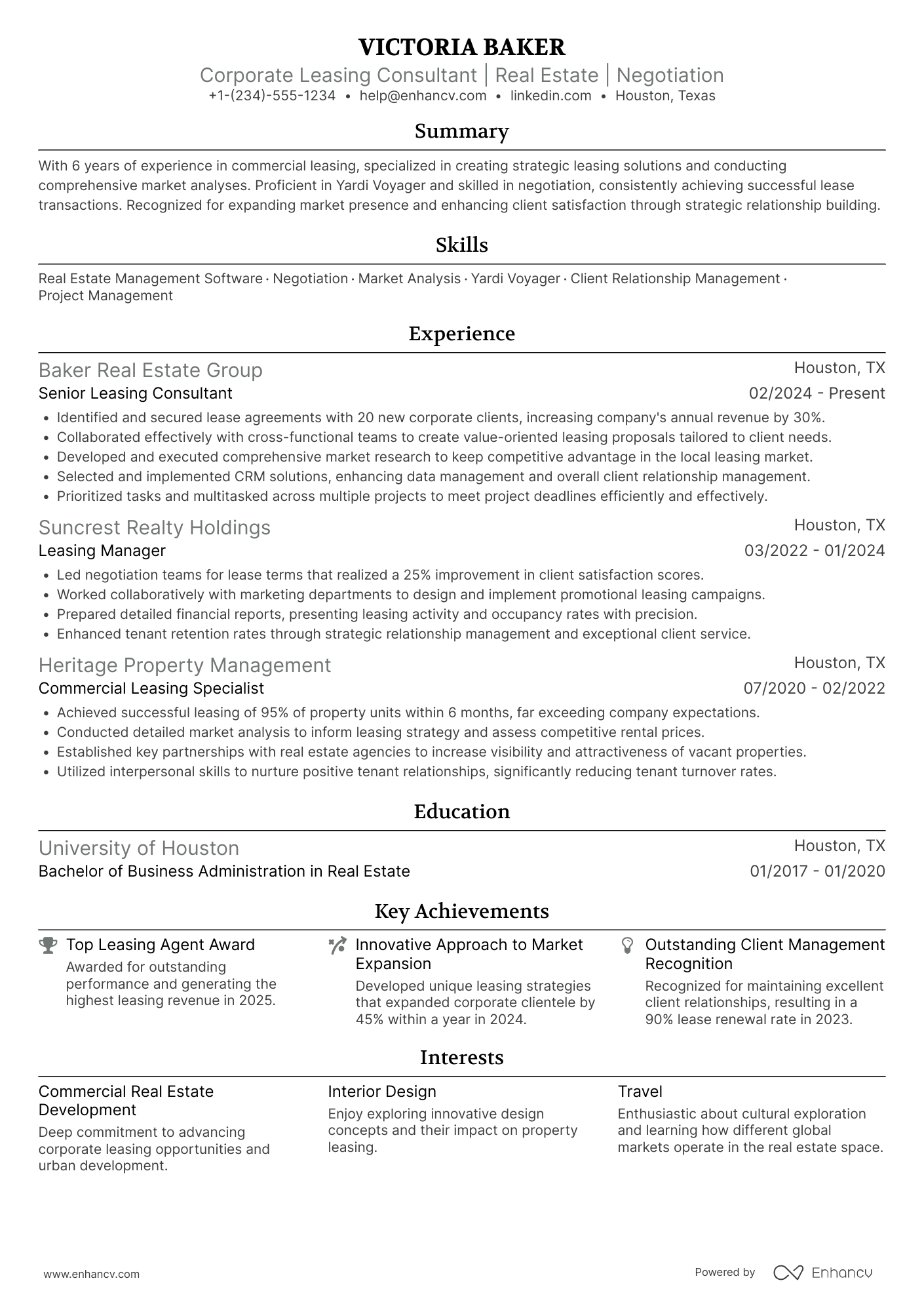 A resume example of a Corporate Leasing Consultant