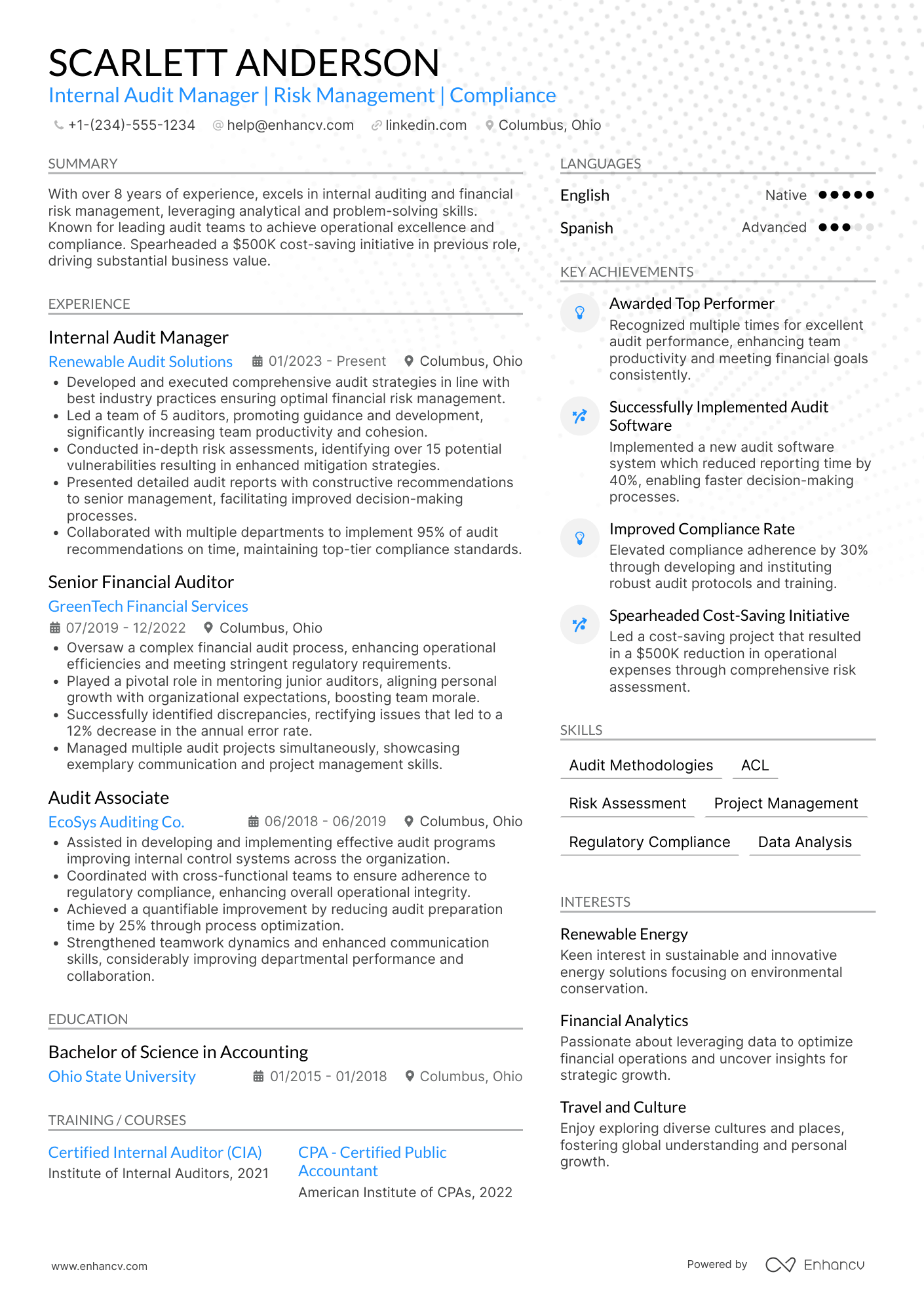 A resume example of a Internal Audit Manager