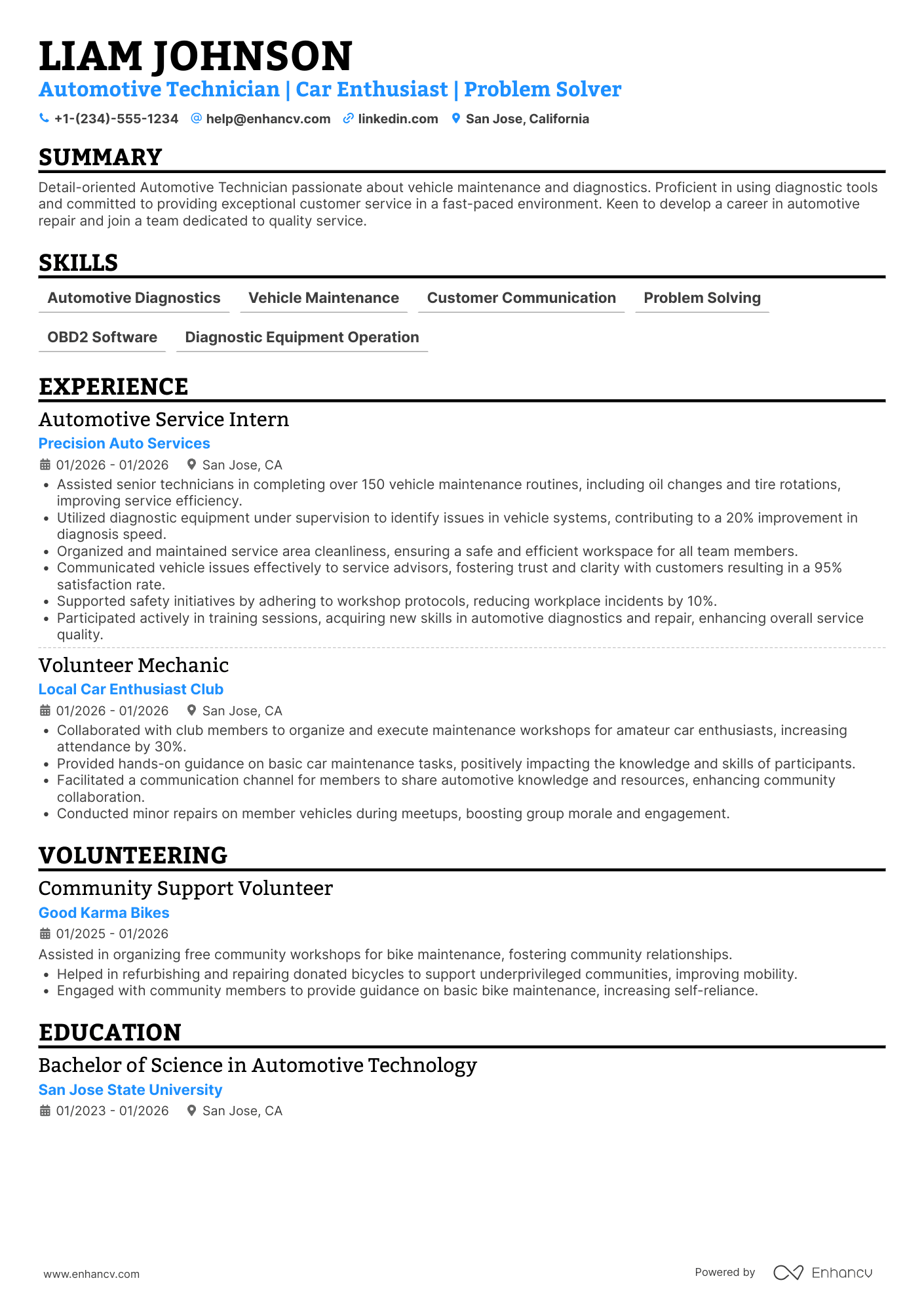 A resume example of a Entry Level Automotive Technician
