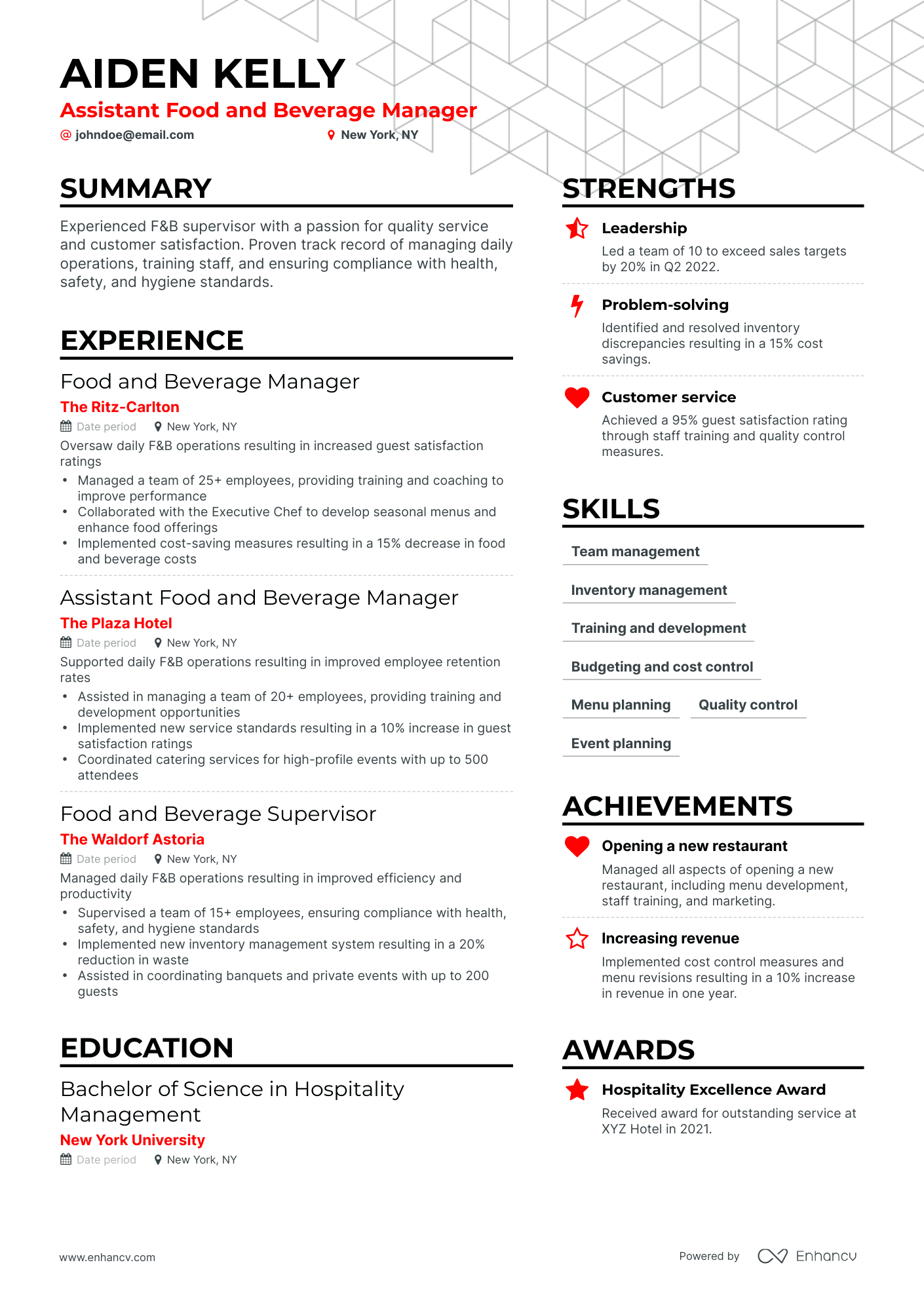 Simple Food and Beverage Manager Resume Template