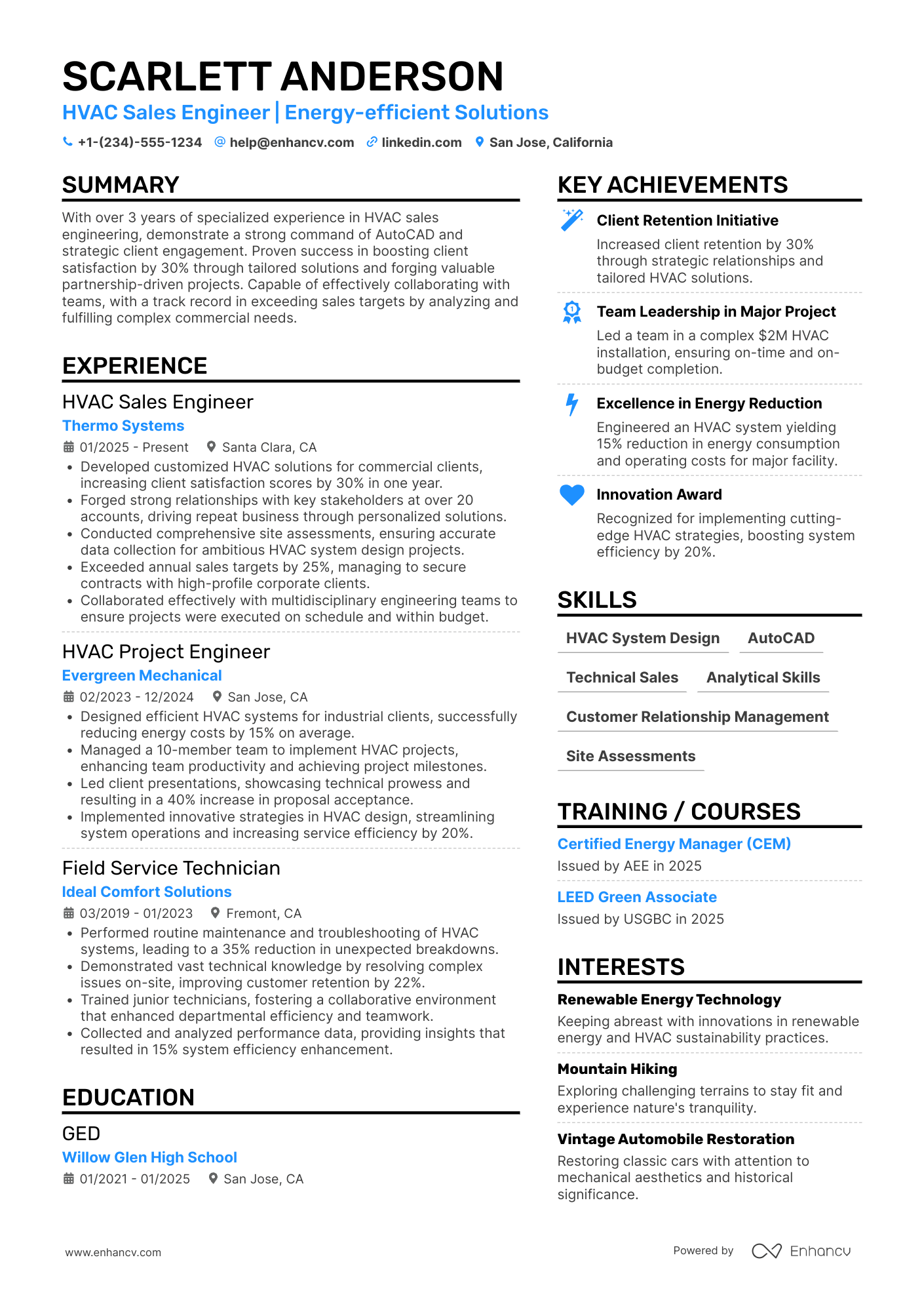 A resume example of a HVAC Sales Engineer