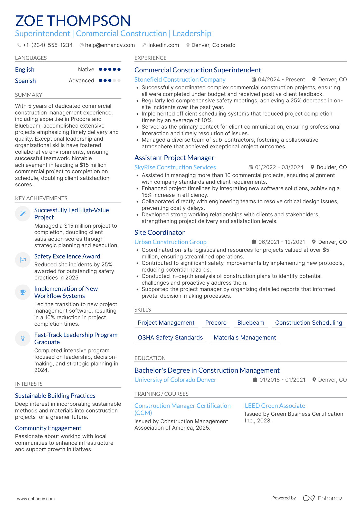 A resume example of a Commercial Construction Superintendent