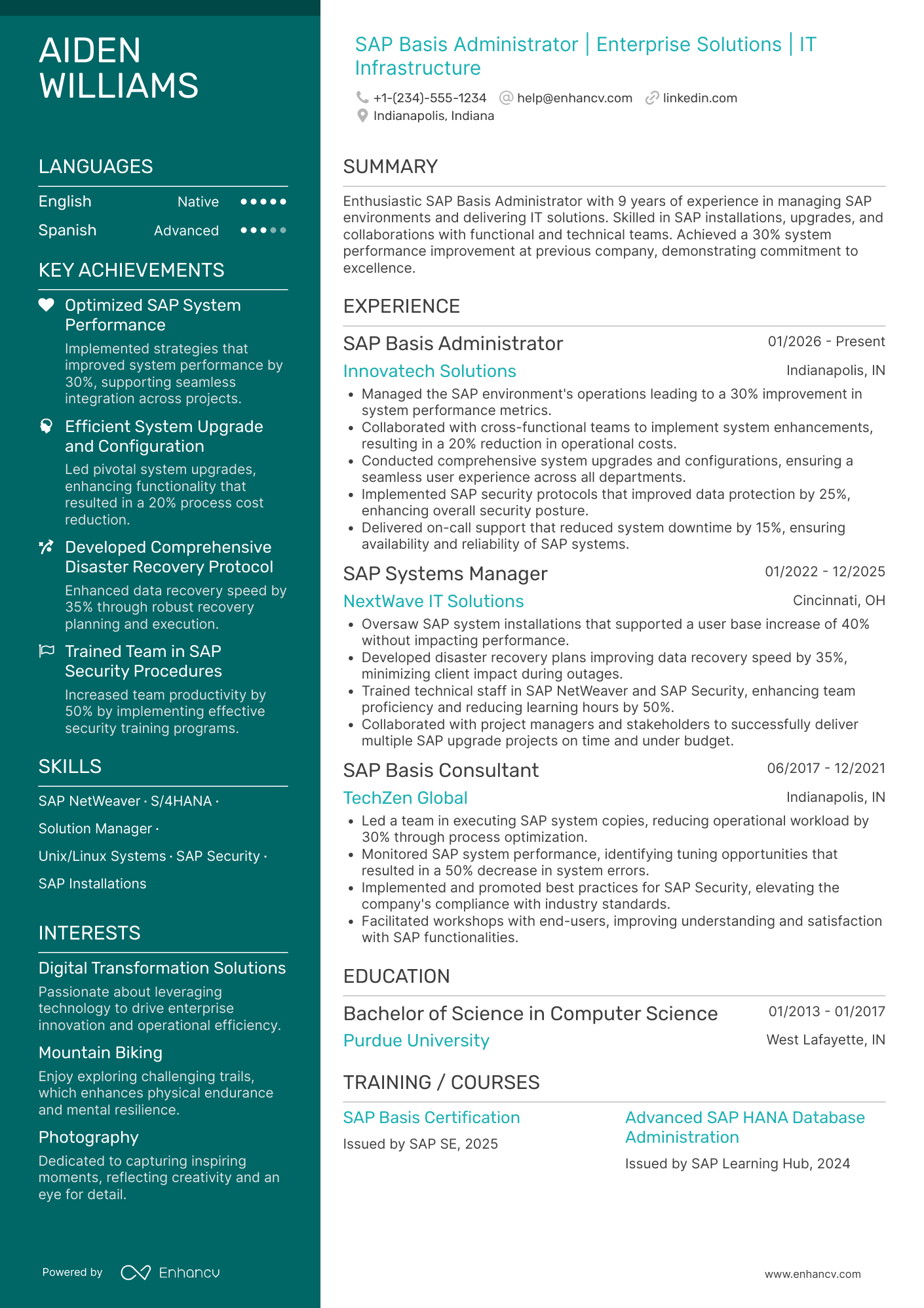 A resume example of a SAP Basis Administrator