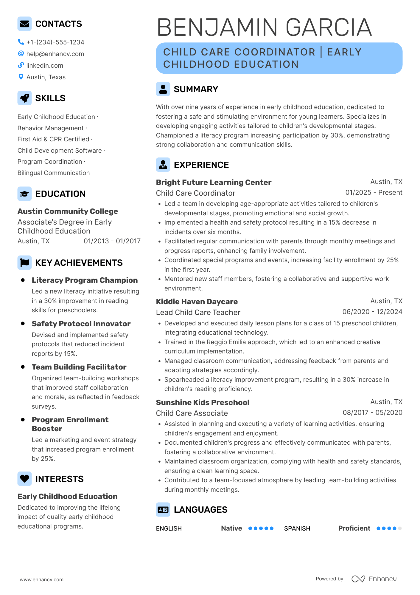 A resume example of a Child Care Worker