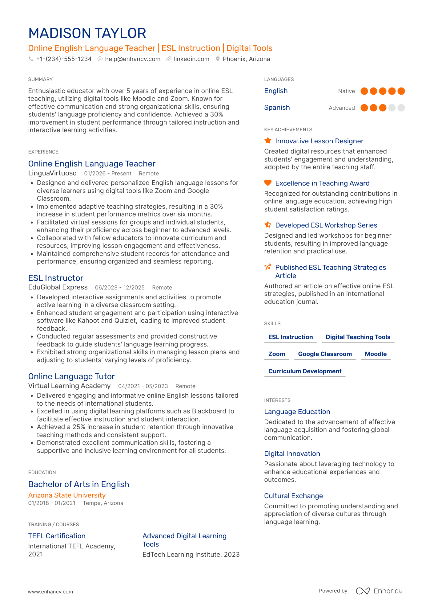 A resume example of a Online English Language Teacher