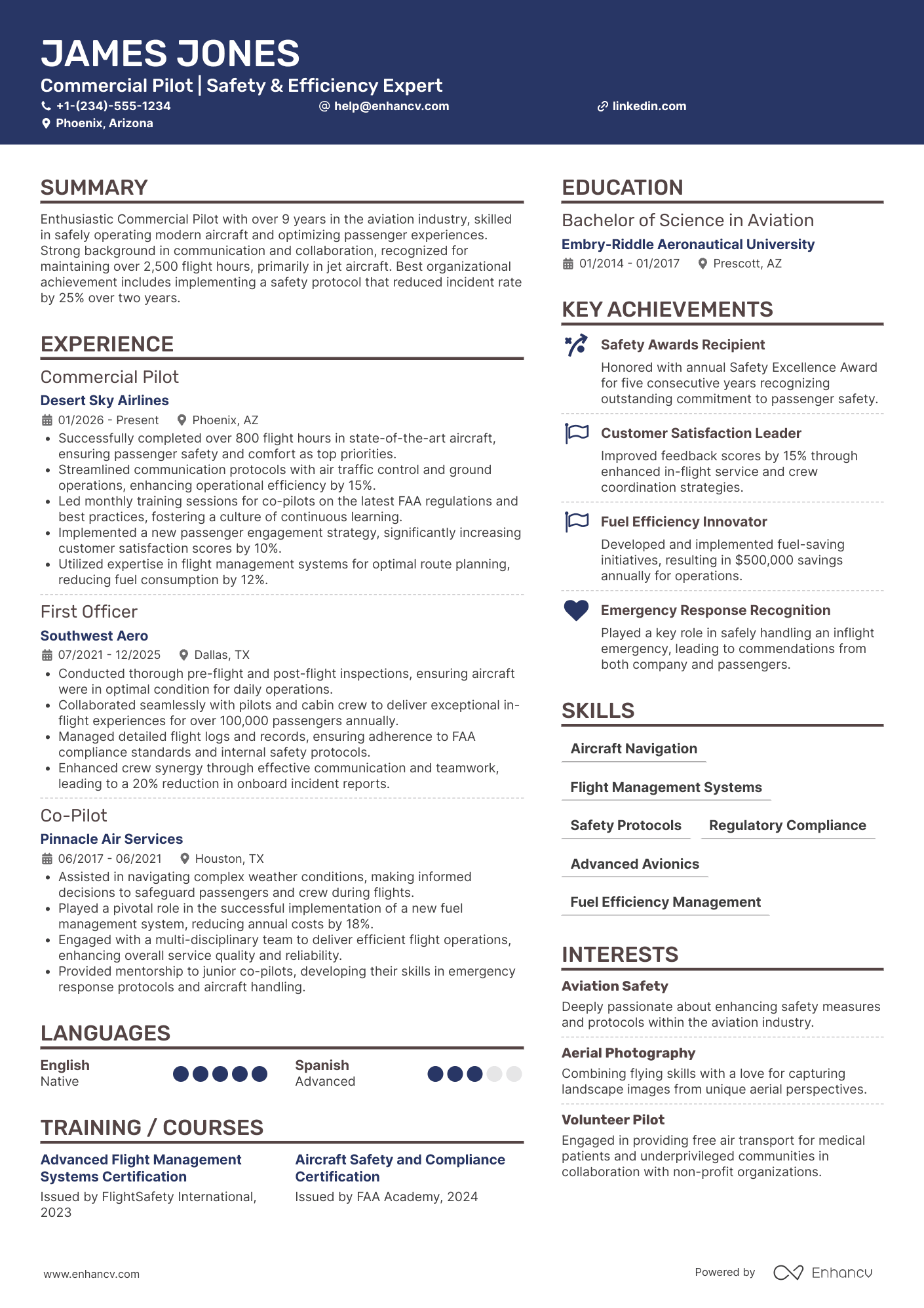 A resume example of a Commercial Pilot