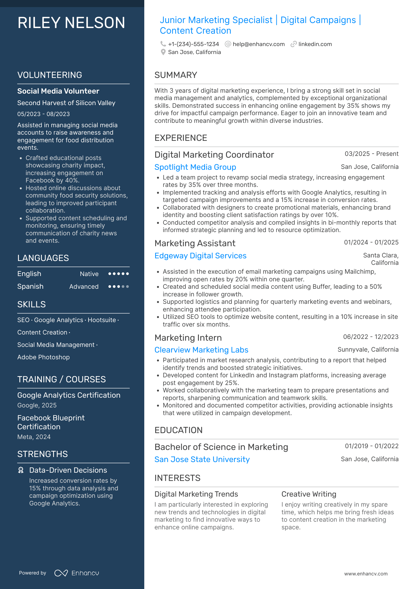 A resume example of a Junior Marketing Specialist