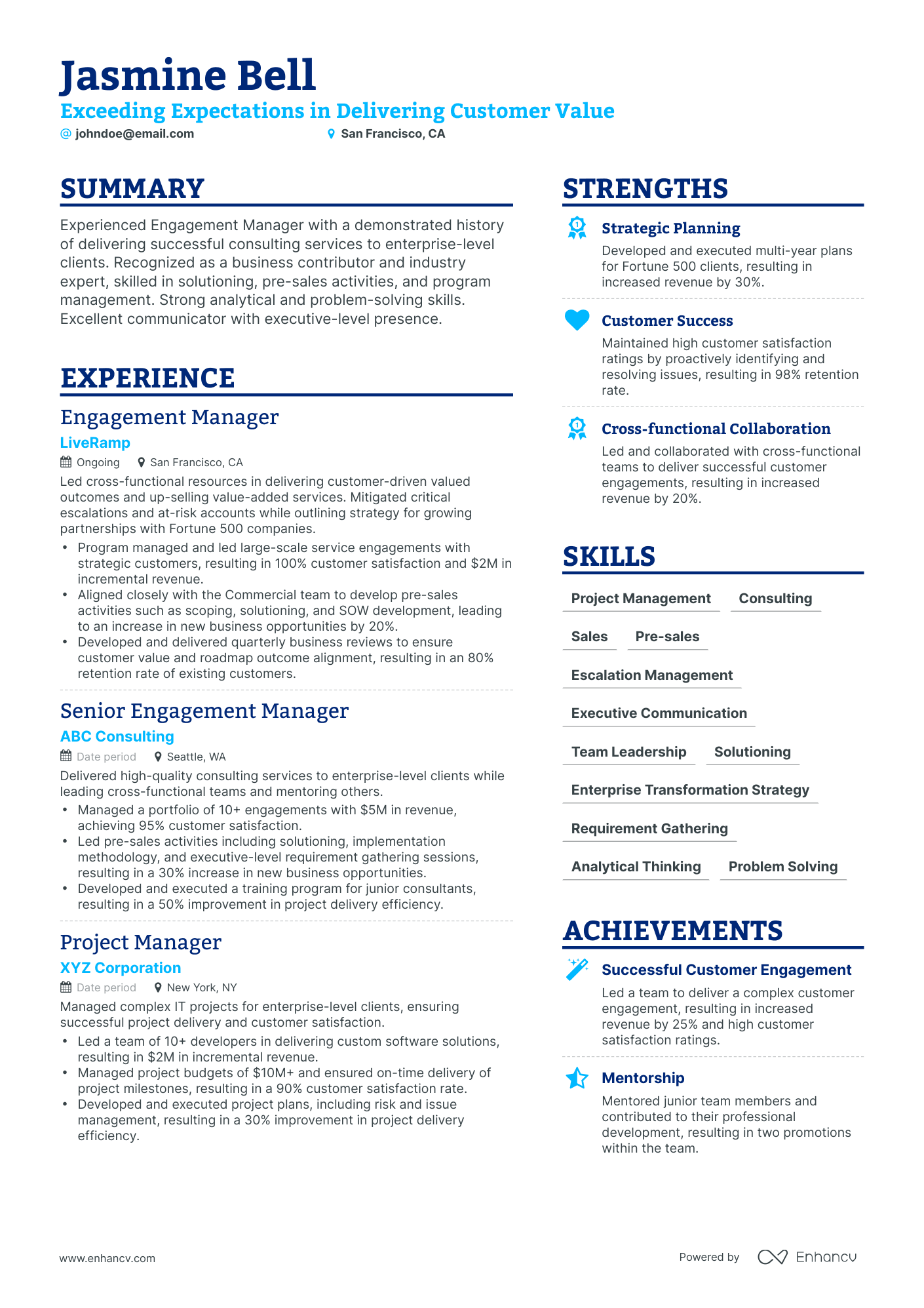 Simple Engagement Manager Resume Template