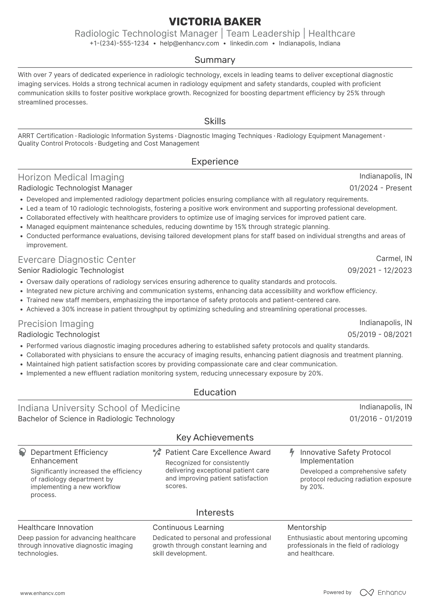 A resume example of a Radiologic Technologist Manager