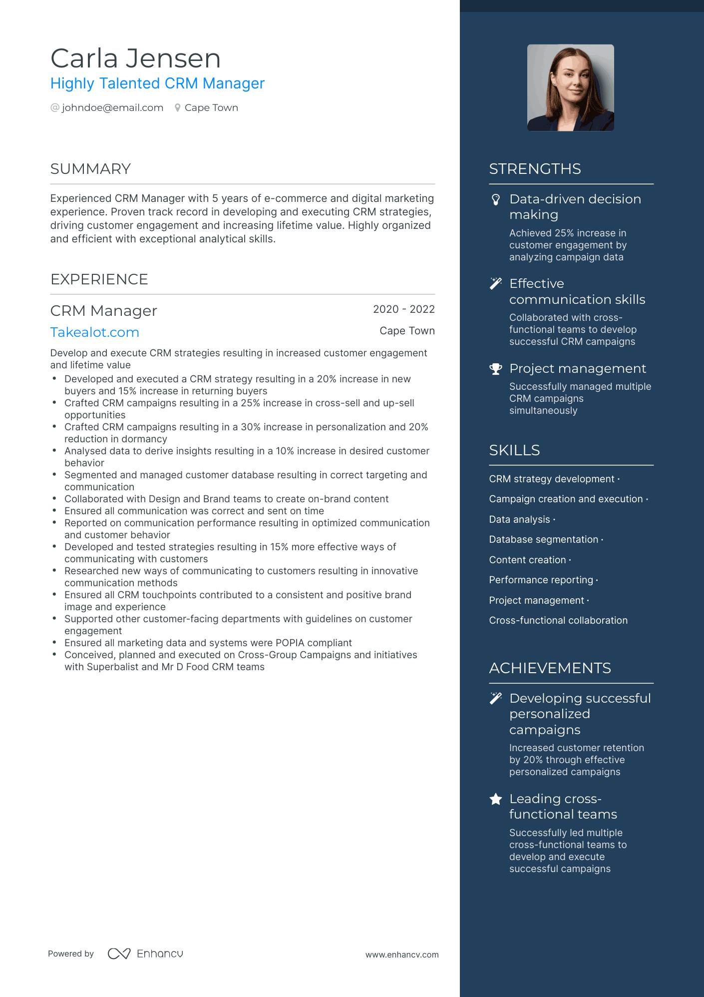 One Page CRM Manager Resume Template