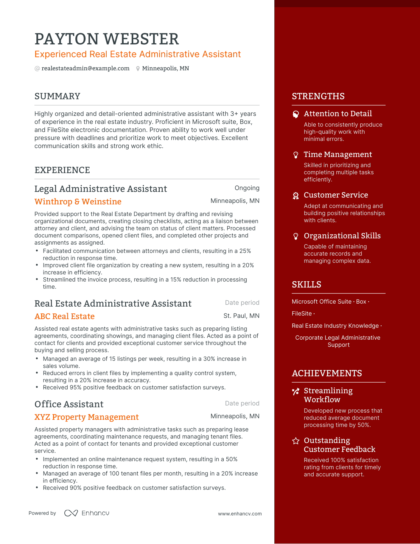 One Page Real Estate Administrative Assistant Resume Template