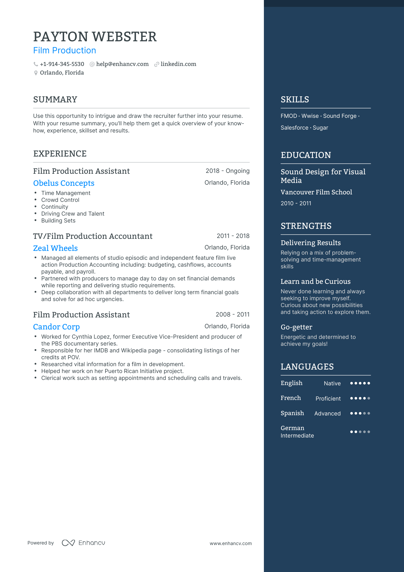 One Page Film Production Resume Template