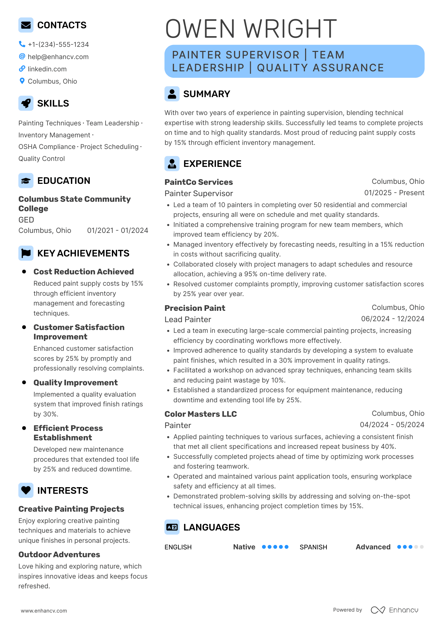 A resume example of a Painter Supervisor