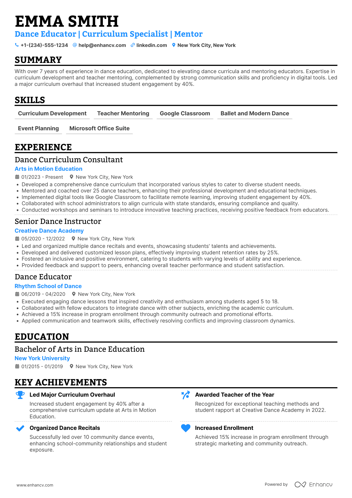 A resume example of a Dance Teacher Consultant
