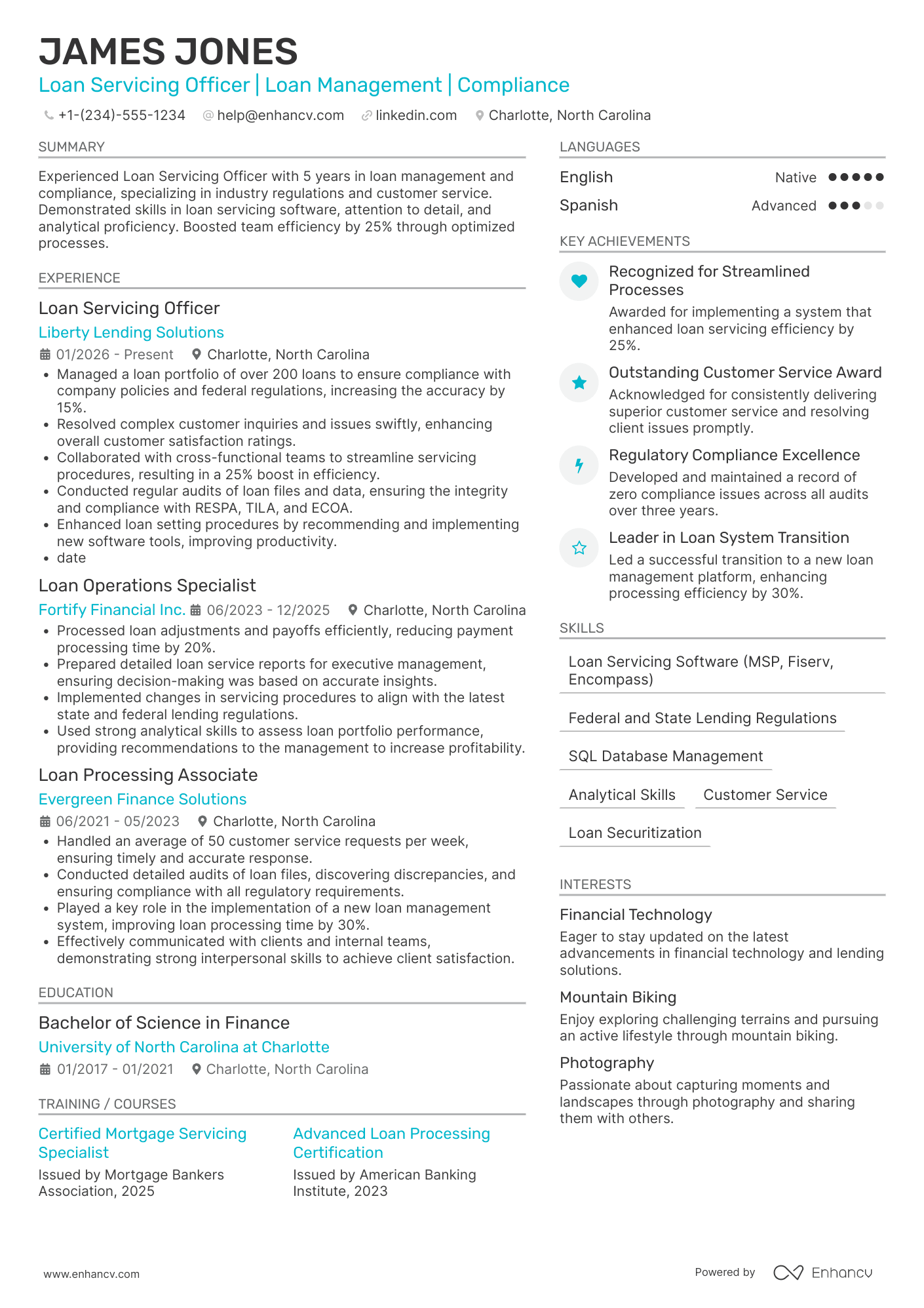 A resume example of a Loan Servicing Officer