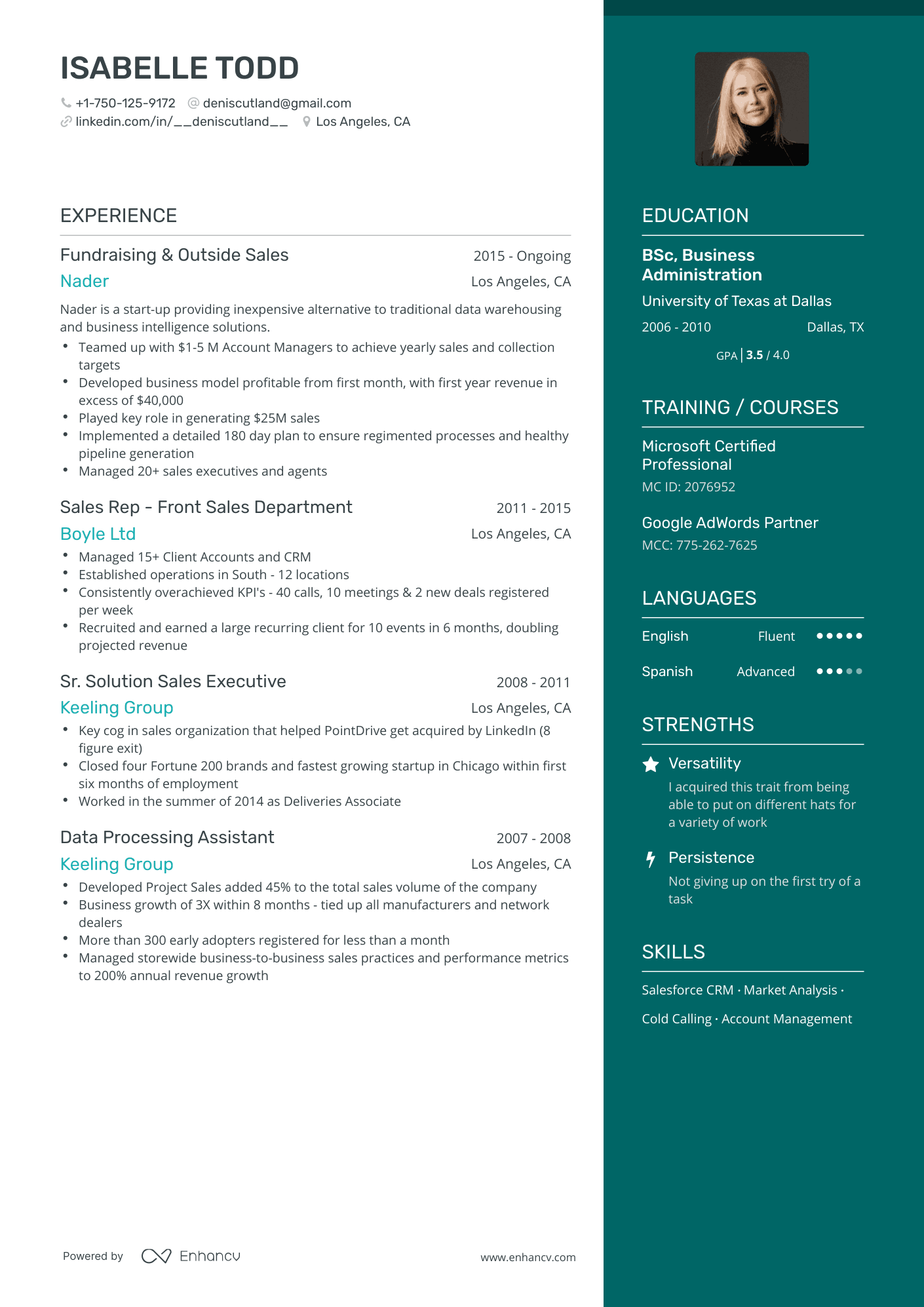 One Page Outside Sales Resume Template