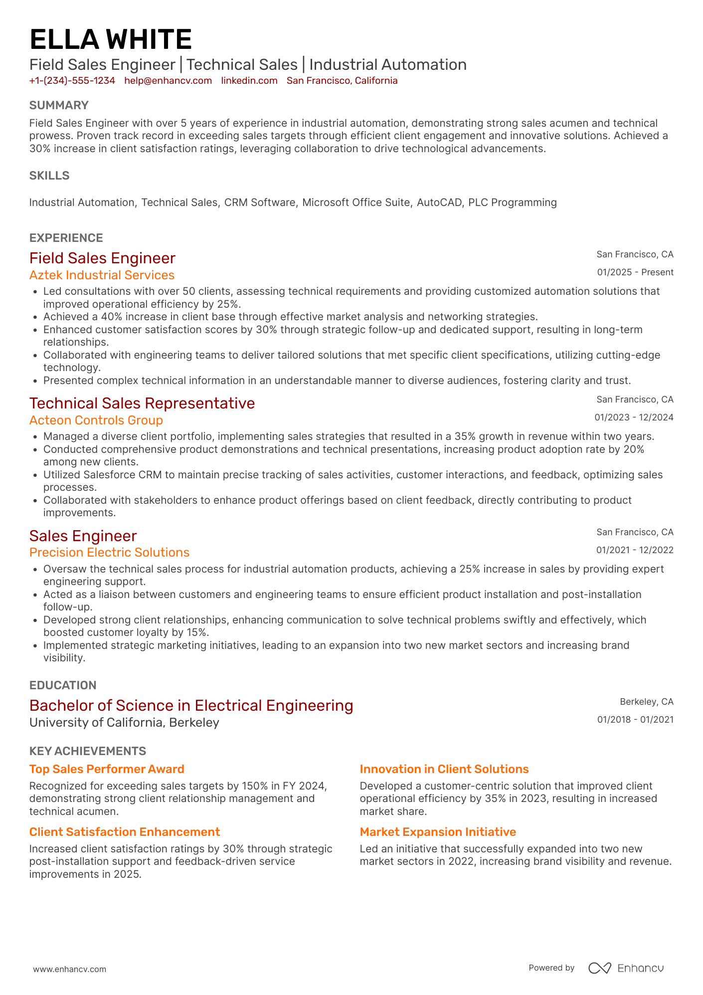 A resume example of a Field Sales Engineer