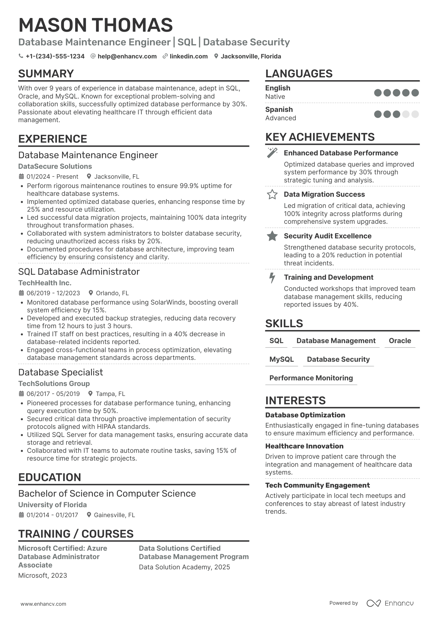 A resume example of a Database Maintenance Engineer