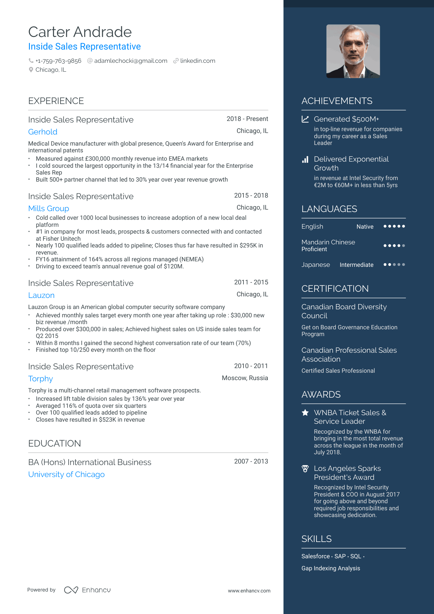 A resume example of a Inside Sales