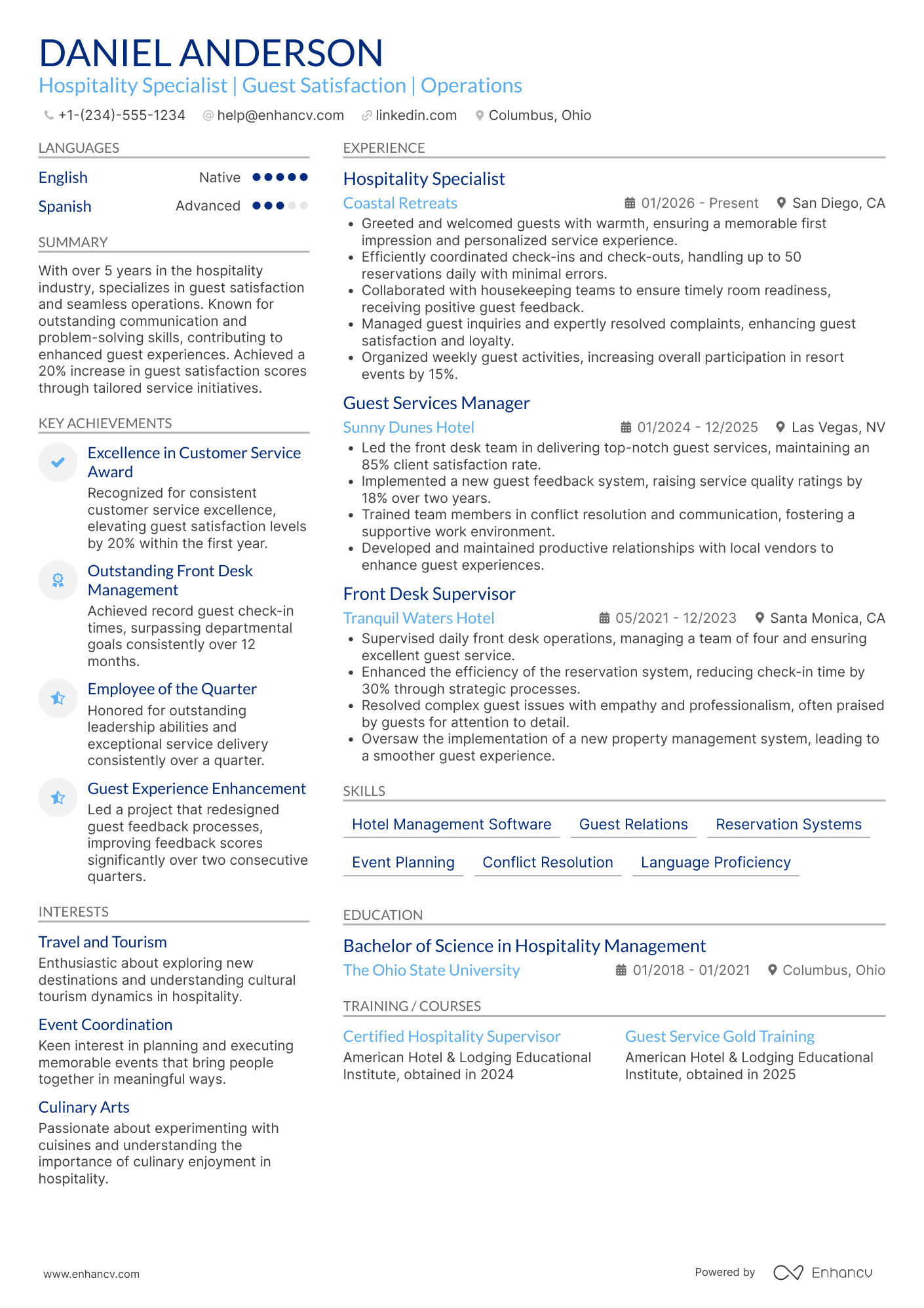 A resume example of a Hospitality Specialist