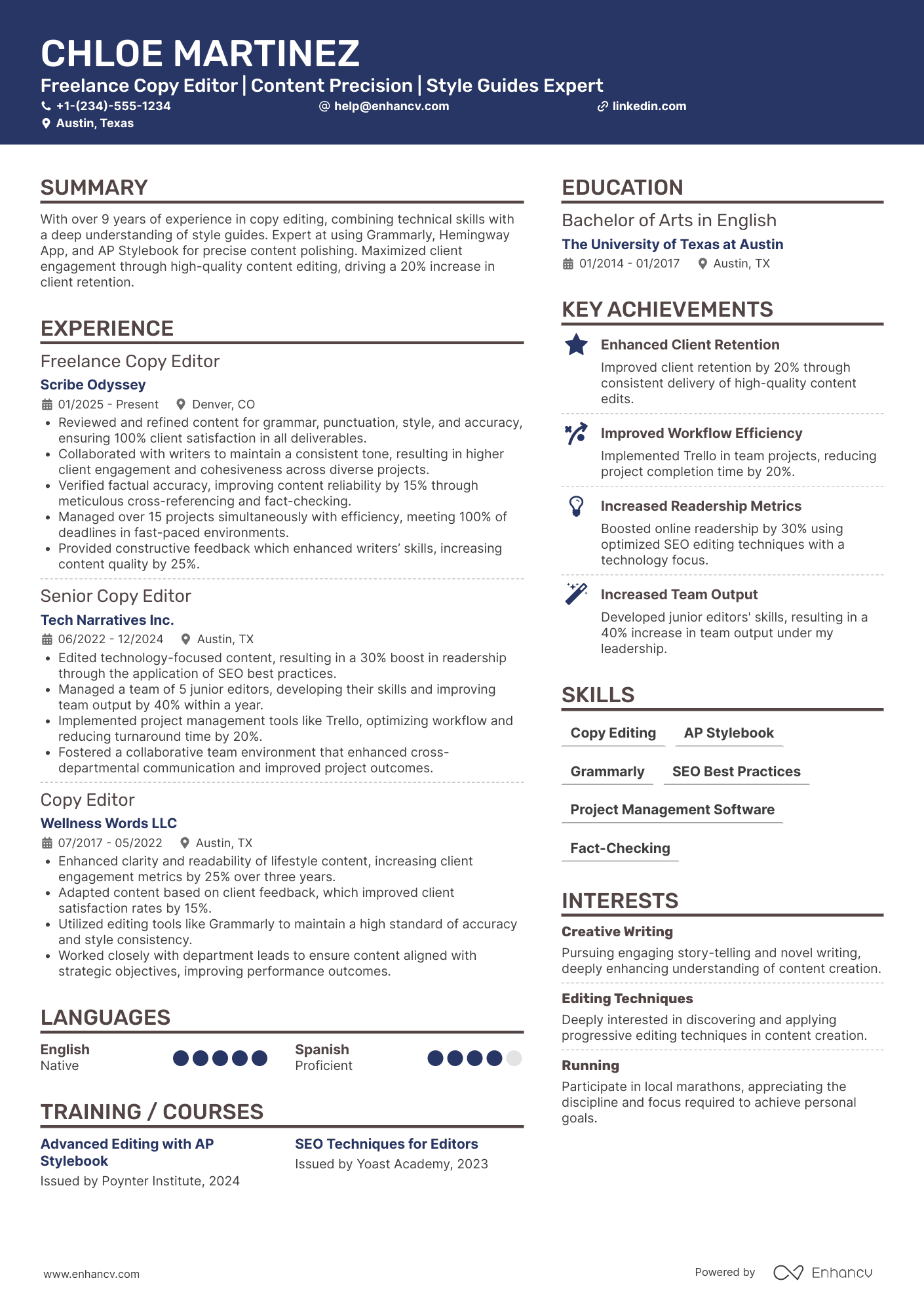 A resume example of a Freelance Copy Editor