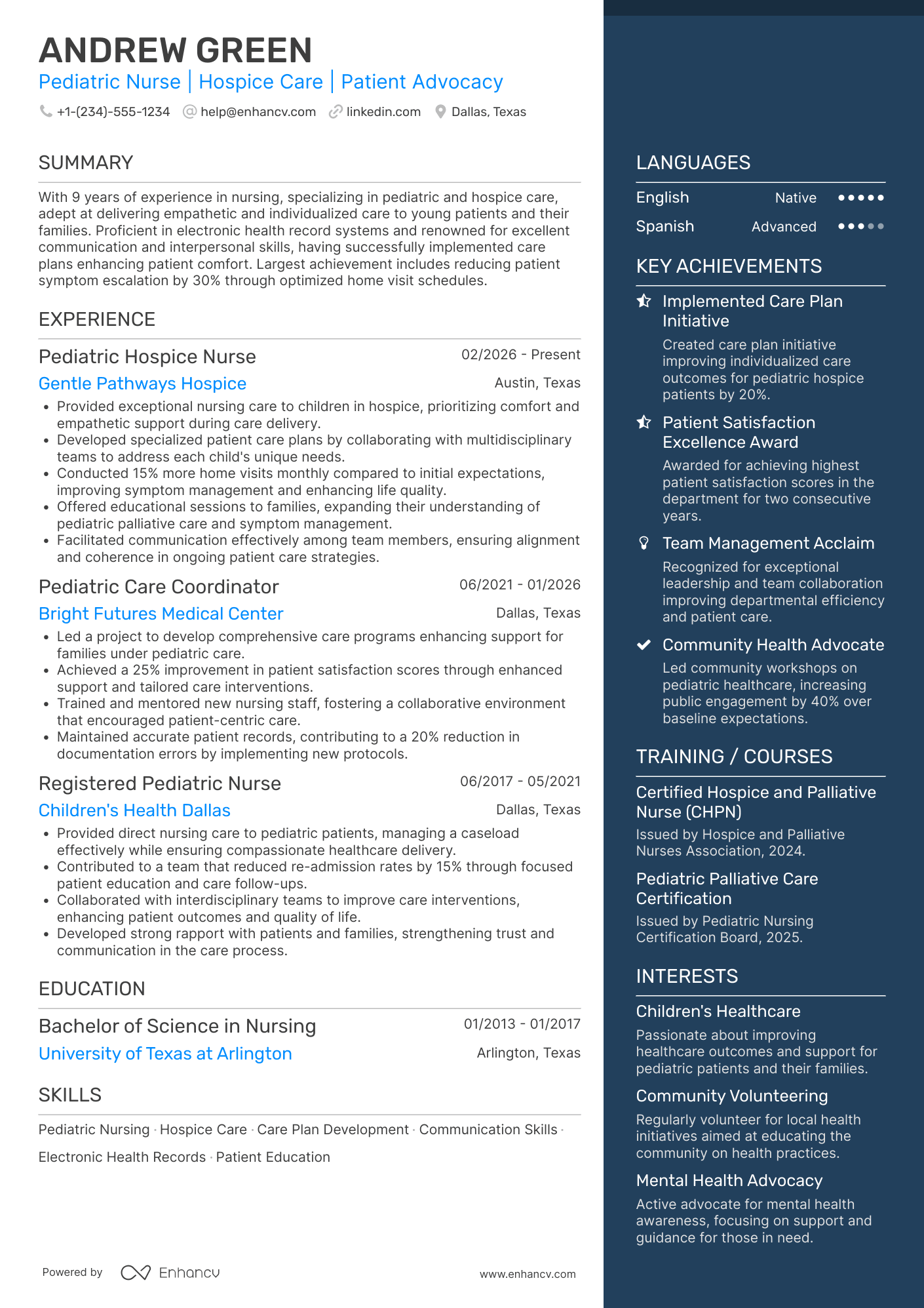 A resume example of a Pediatric Hospice Nurse