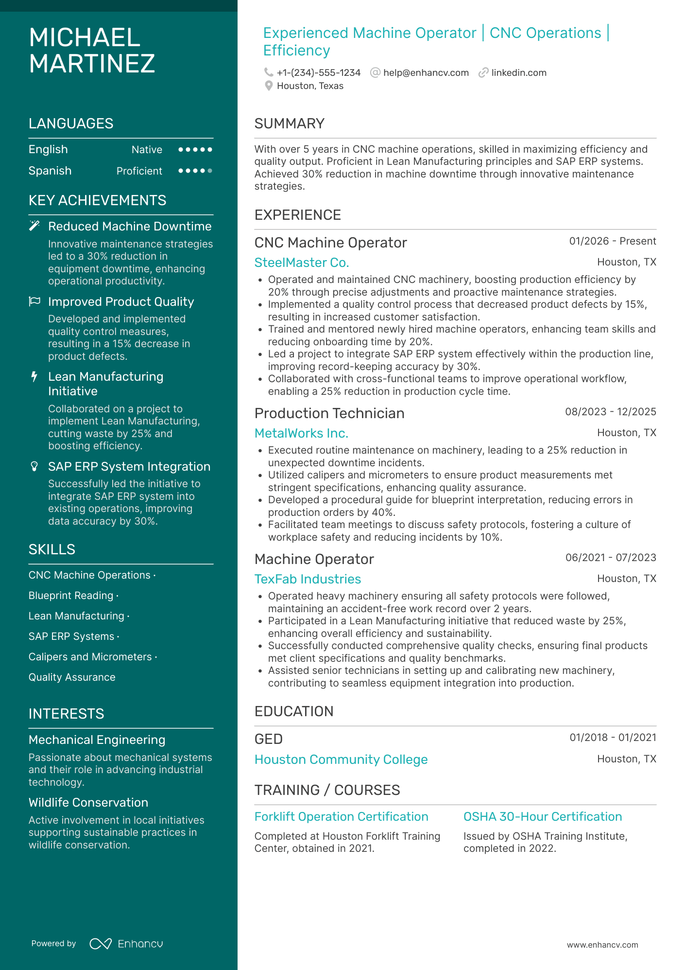 A resume example of a Factory Machine Operator