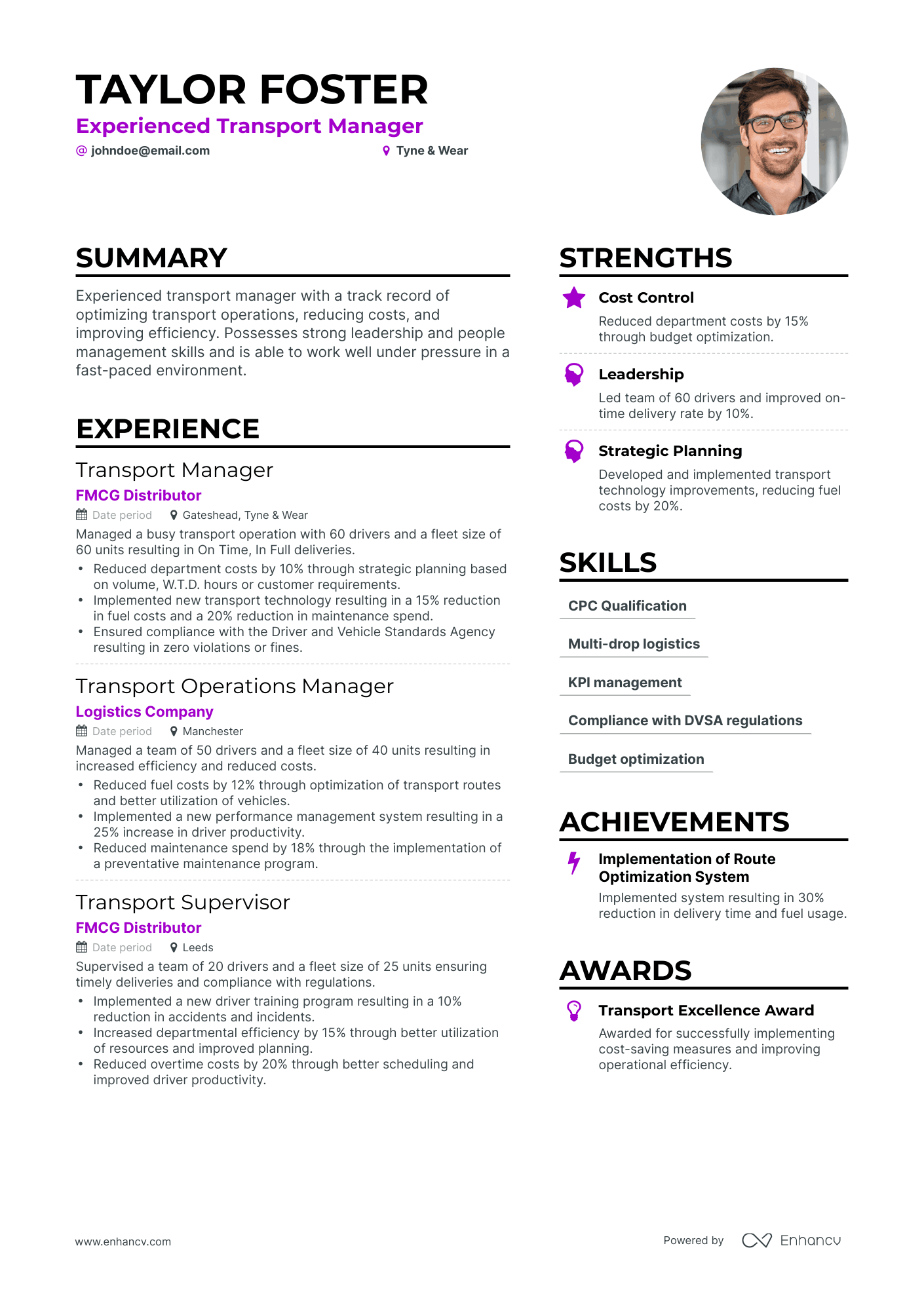 Simple Transport Manager Resume Template