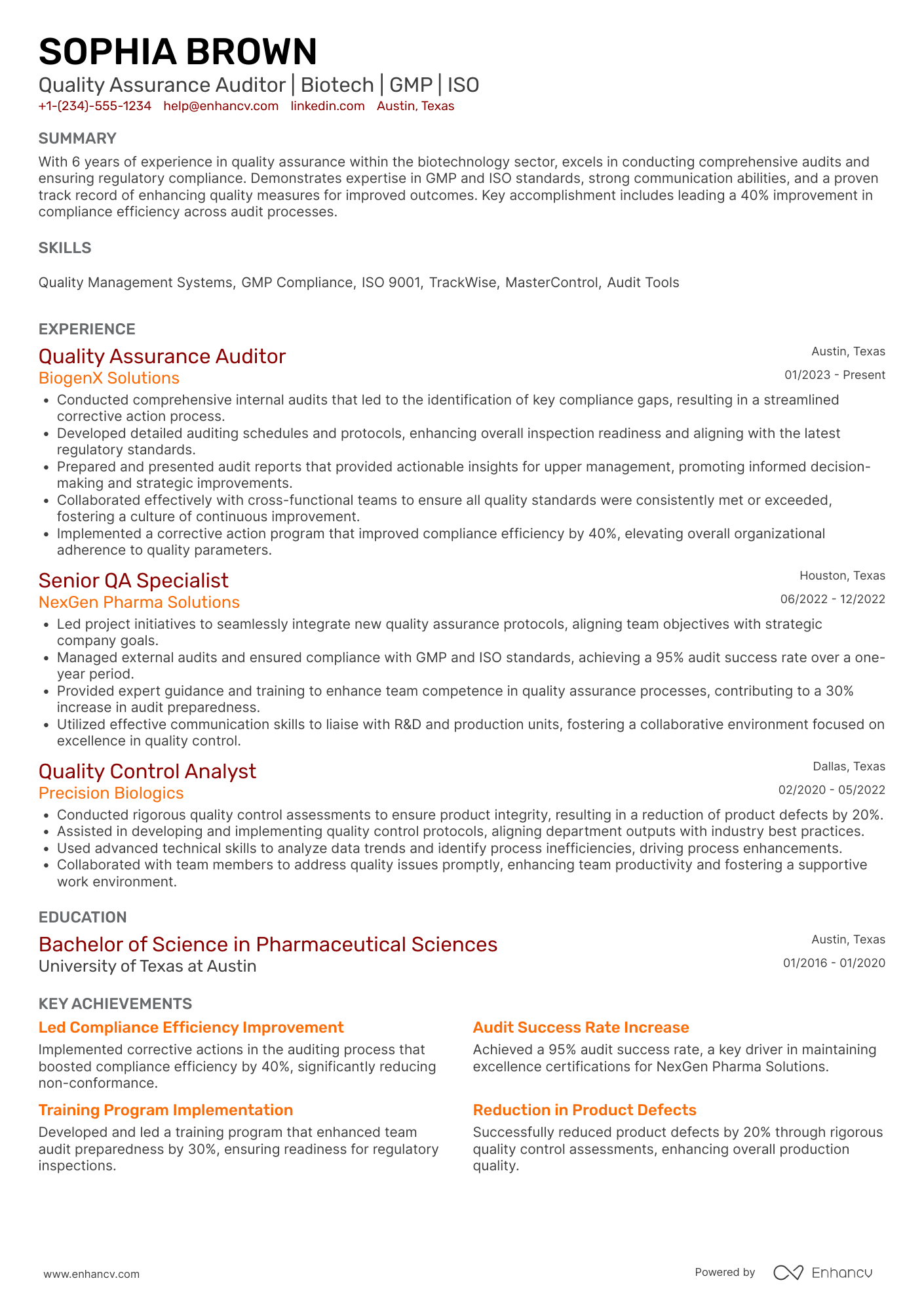 A resume example of a Quality Assurance Auditor