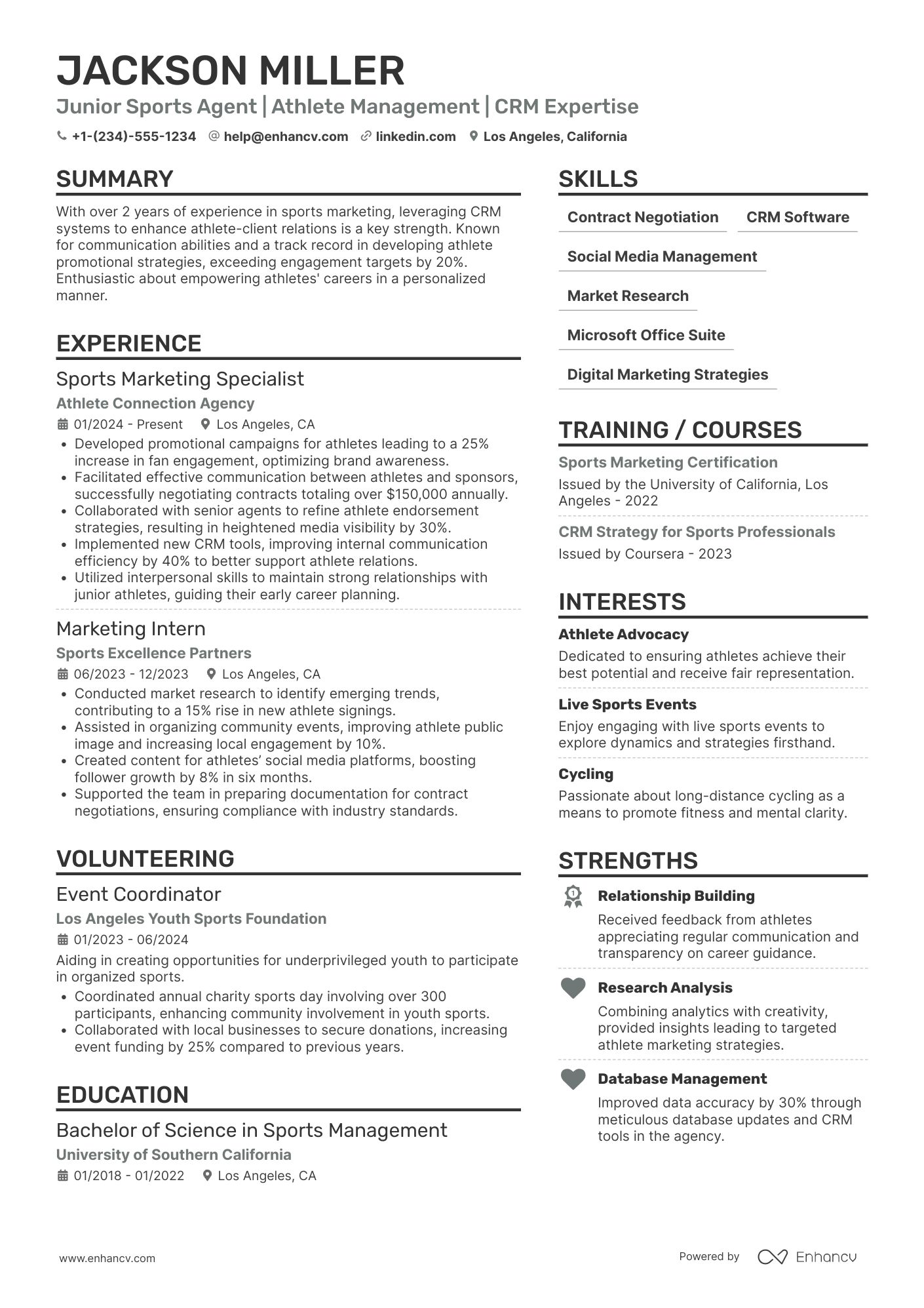 A resume example of a Junior Sports Agent