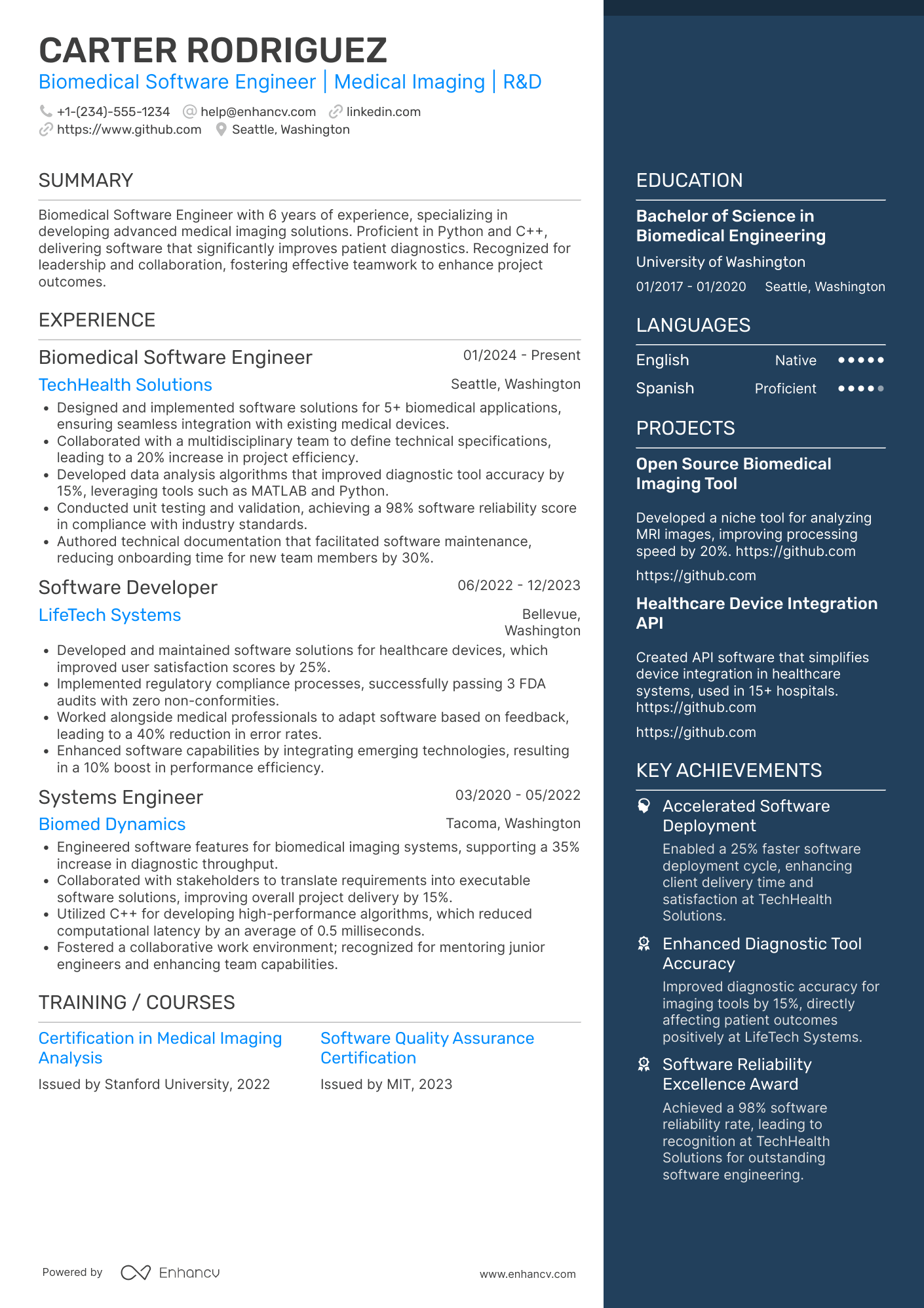 A resume example of a Biomedical Software Engineer