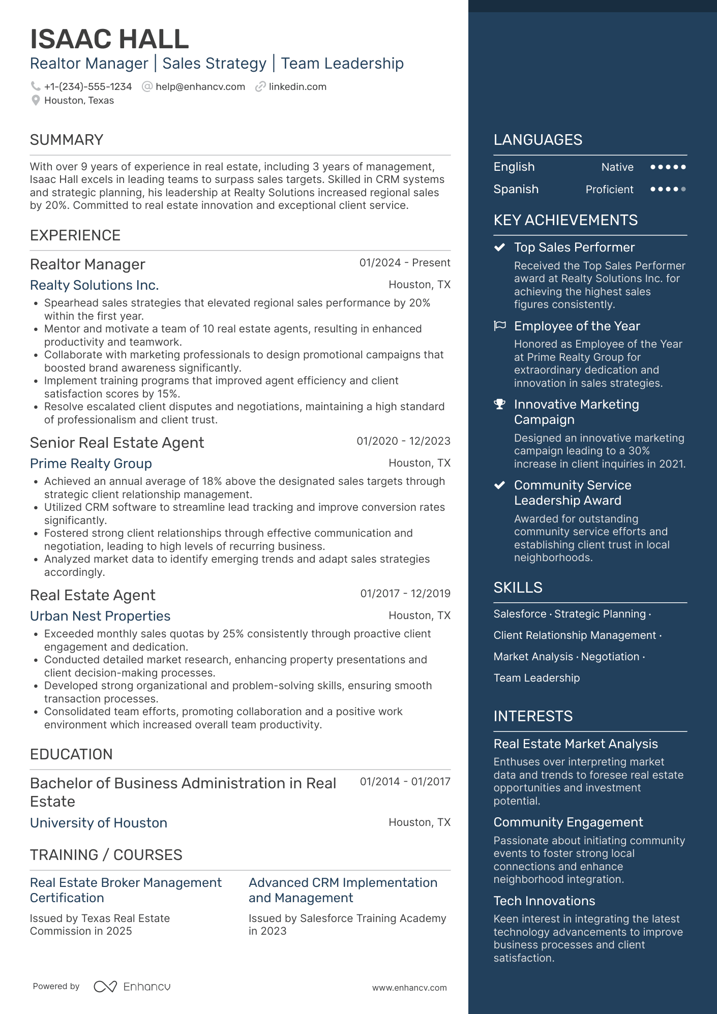A resume example of a Realtor Manager
