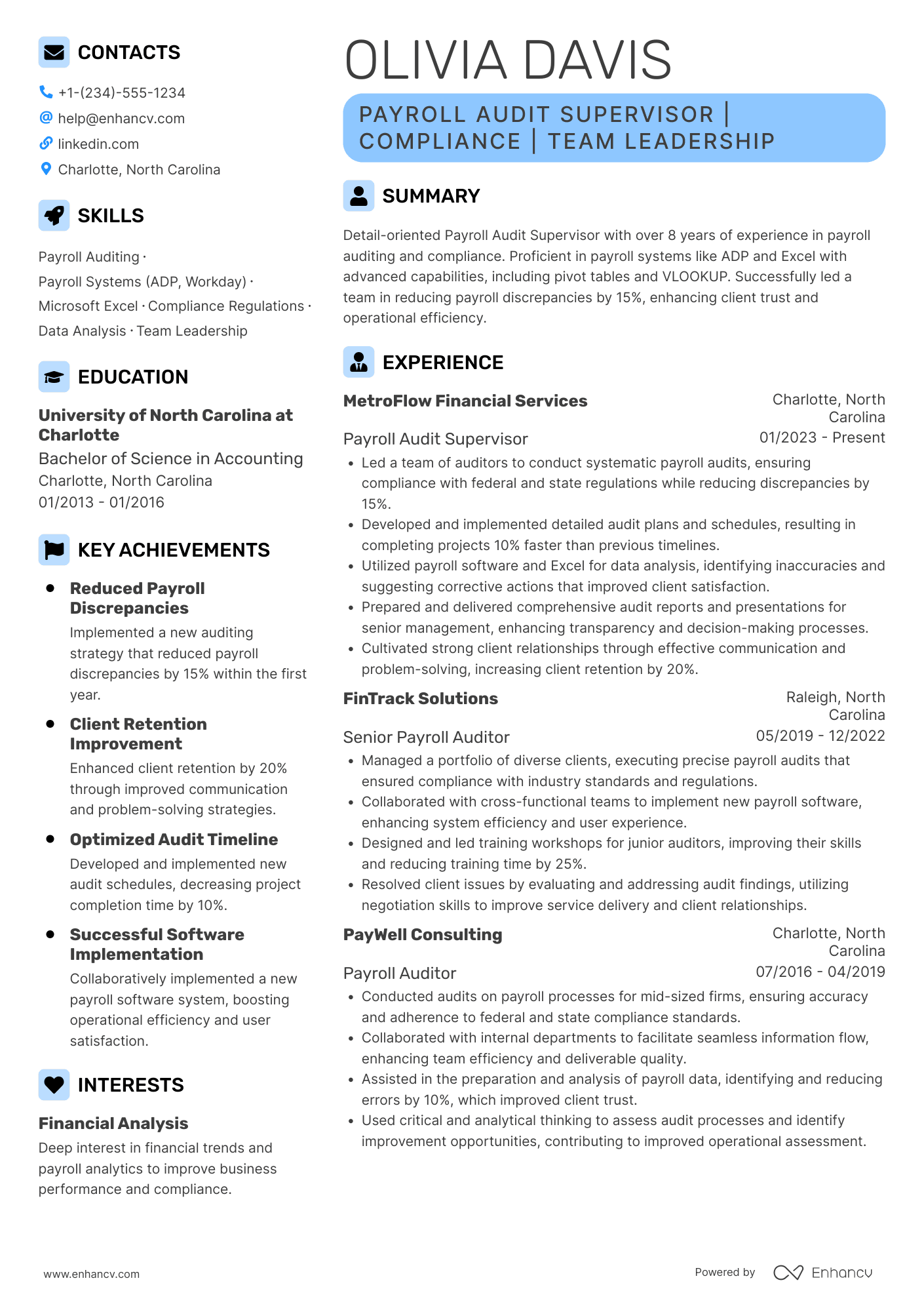 A resume example of a Payroll Audit Supervisor