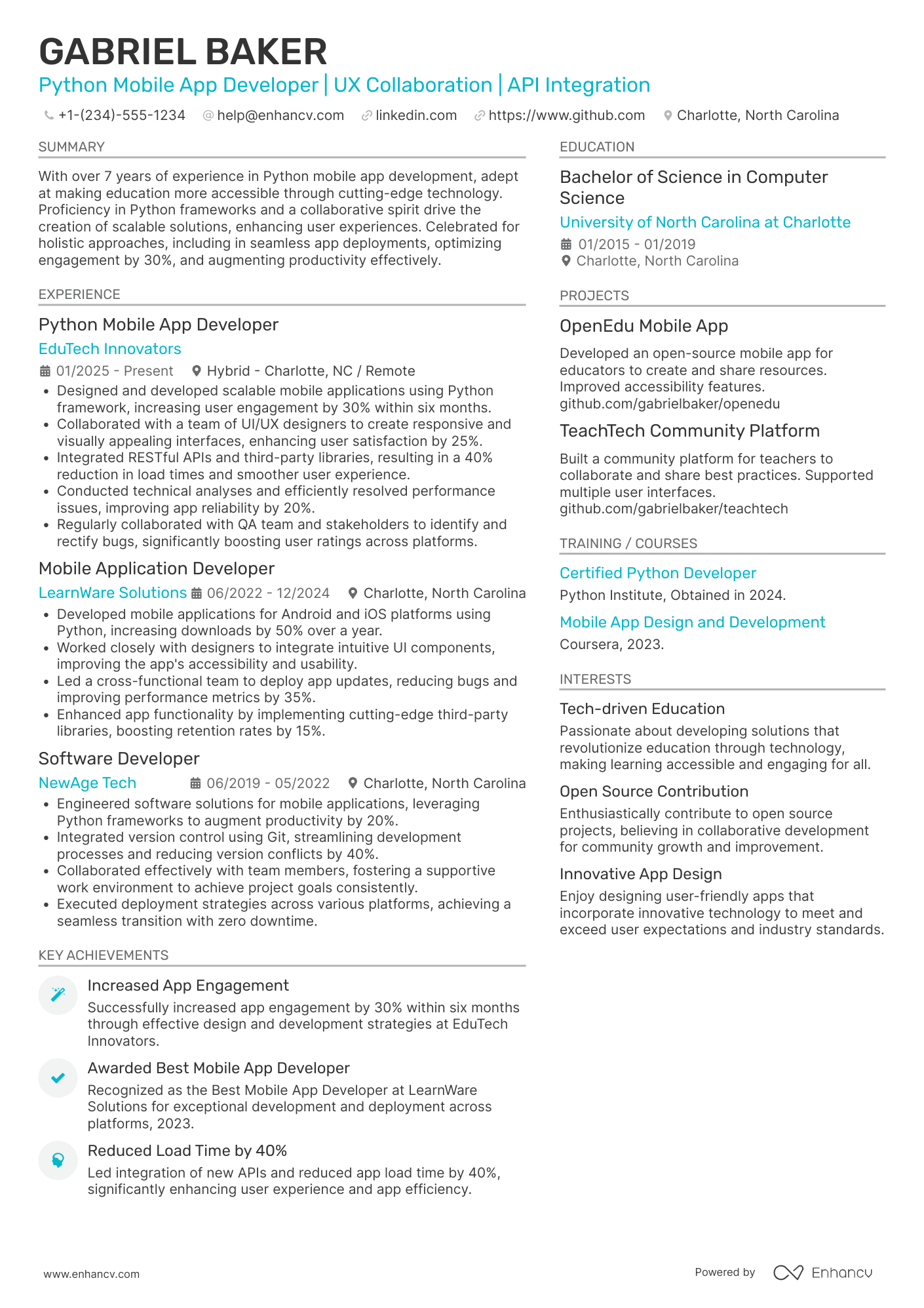 A resume example of a Python Mobile App Developer