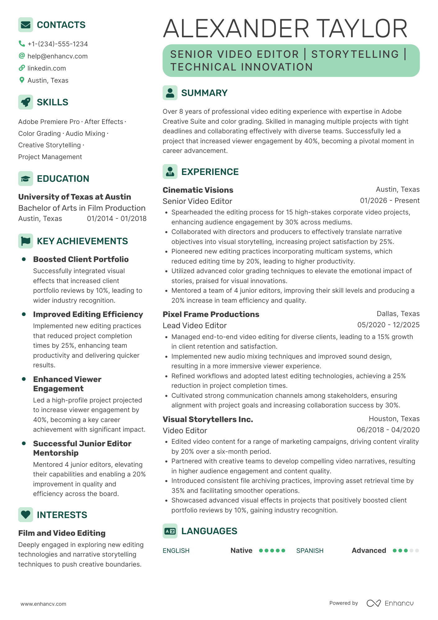 A resume example of a Senior Video Editor