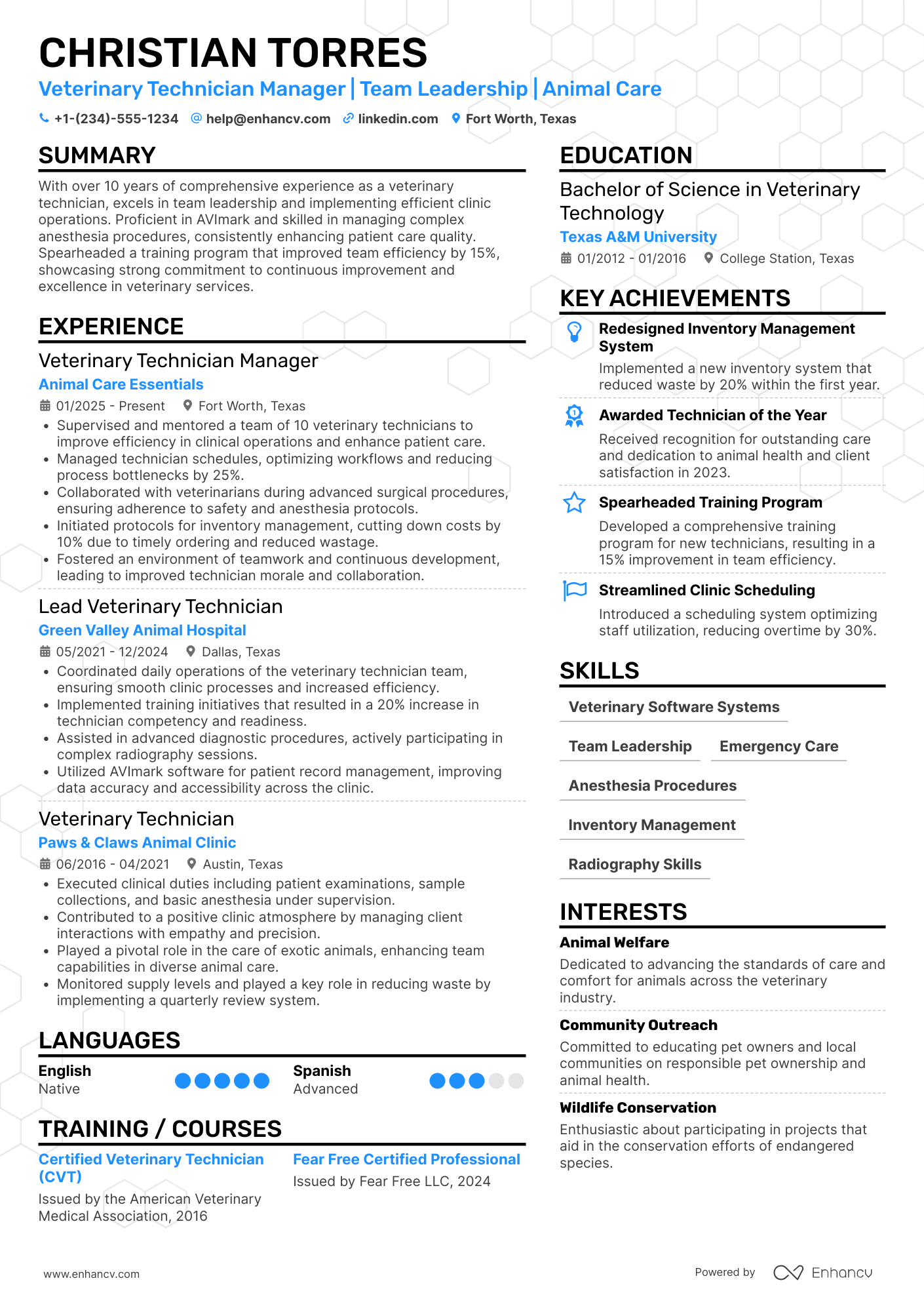 A resume example of a Veterinary Technician Manager
