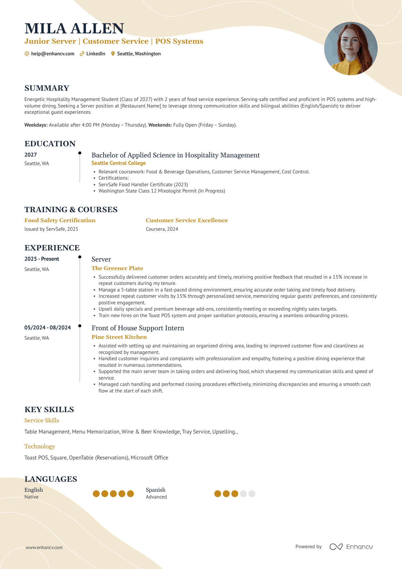 A resume example of a Server College Students