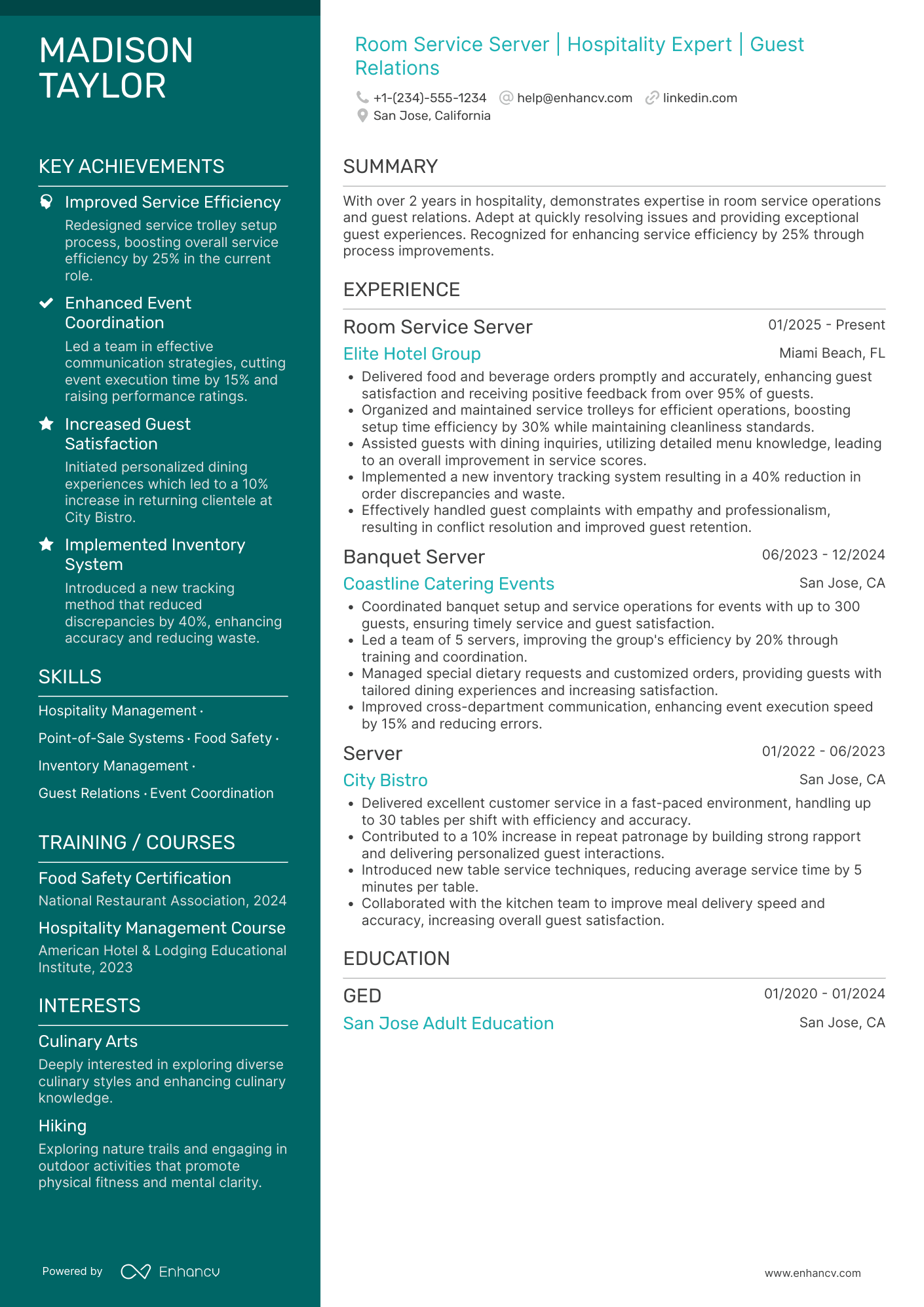 A resume example of a Room Service Server