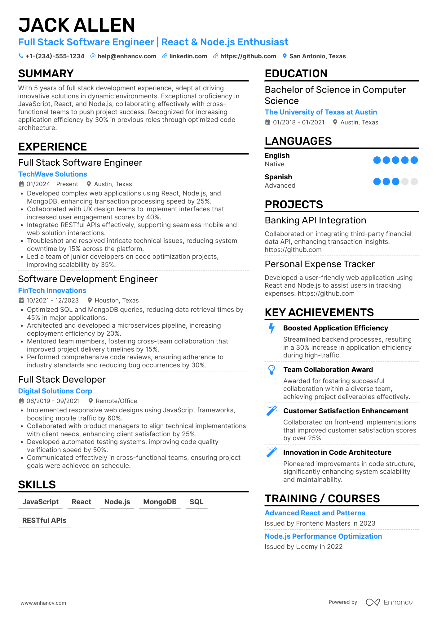 A resume example of a Full Stack Software Engineer