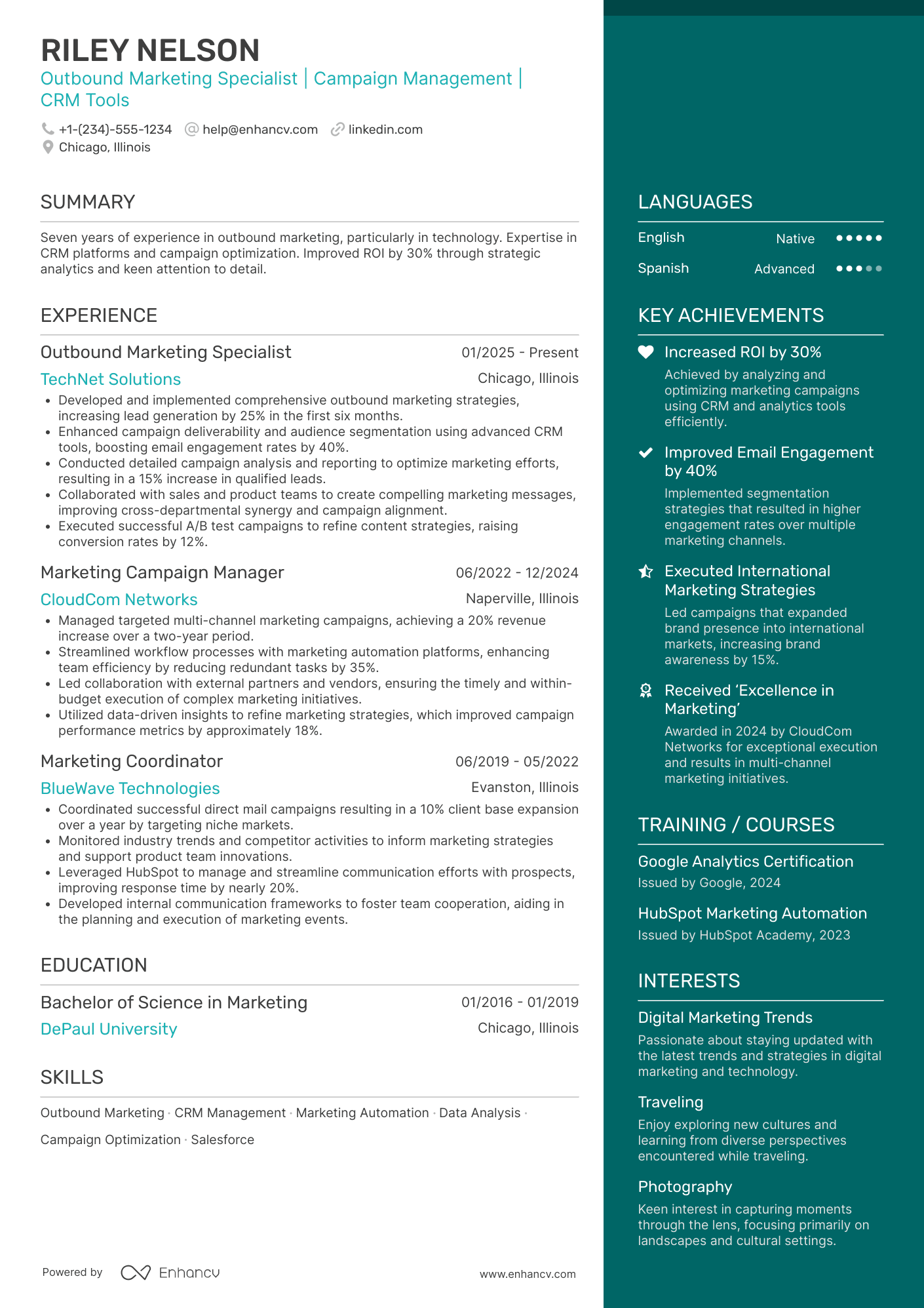 A resume example of a Outbound Marketing Specialist